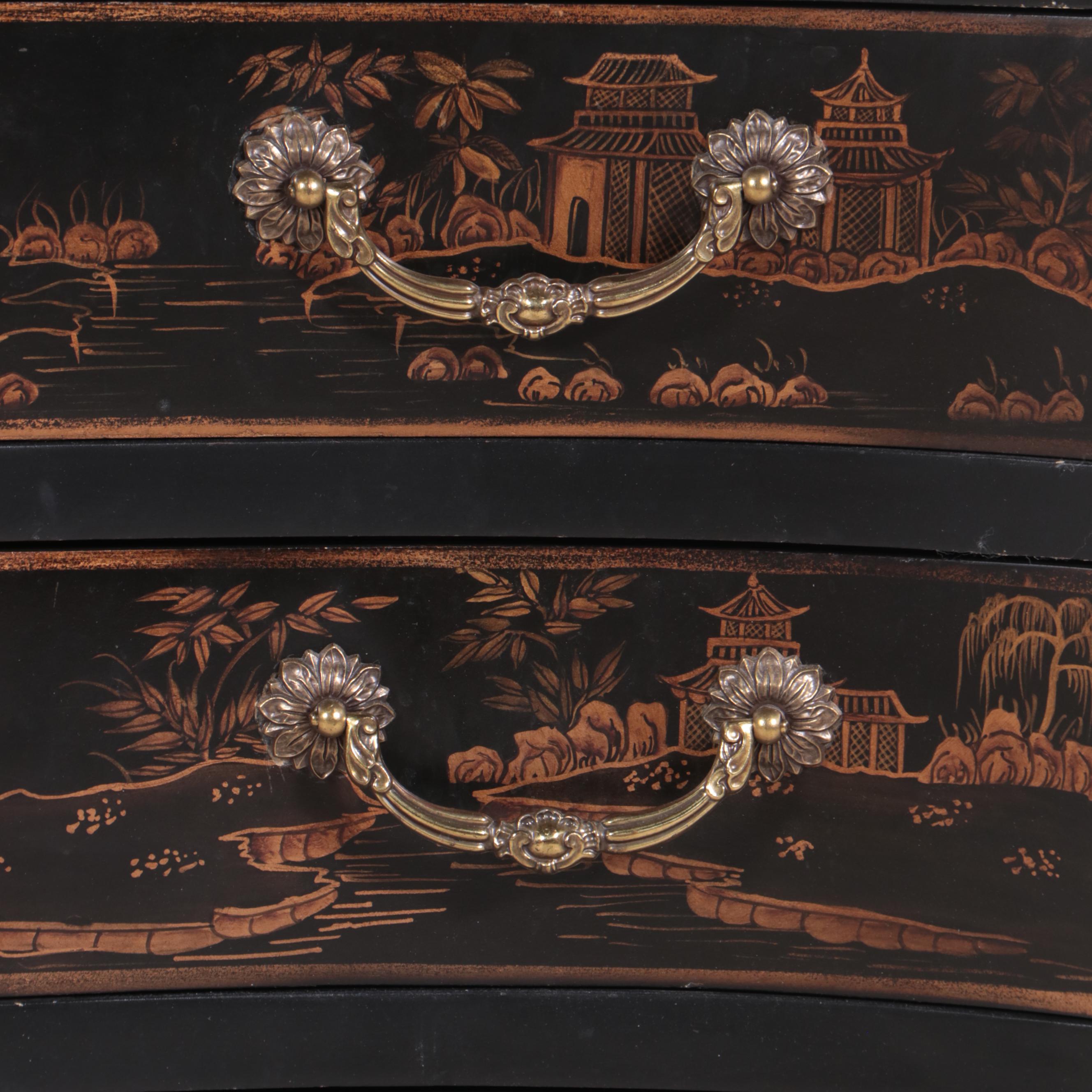 George III Style Ebonized, Parcel-Gilt, and Chinoiserie Four-Drawer Chest