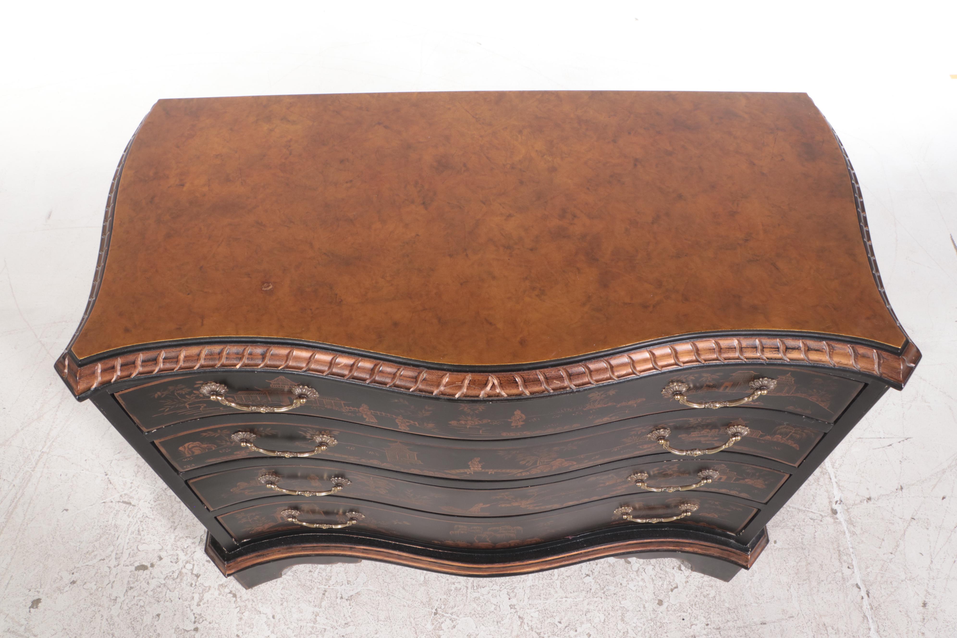George III Style Ebonized, Parcel-Gilt, and Chinoiserie Four-Drawer Chest