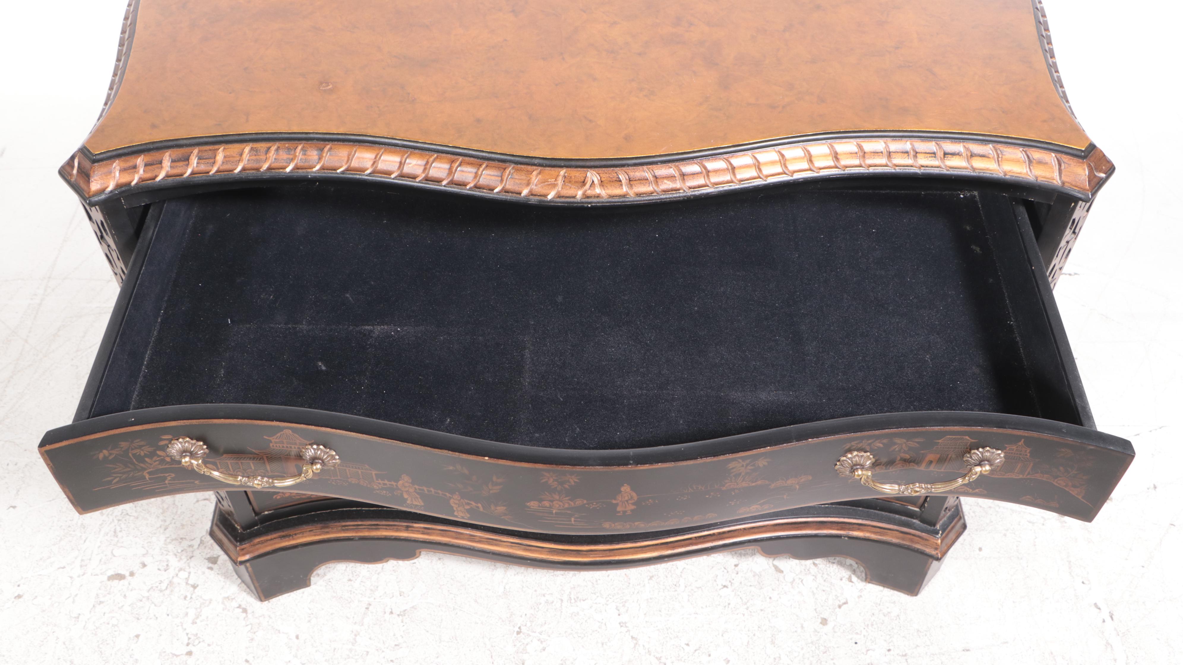 George III Style Ebonized, Parcel-Gilt, and Chinoiserie Four-Drawer Chest