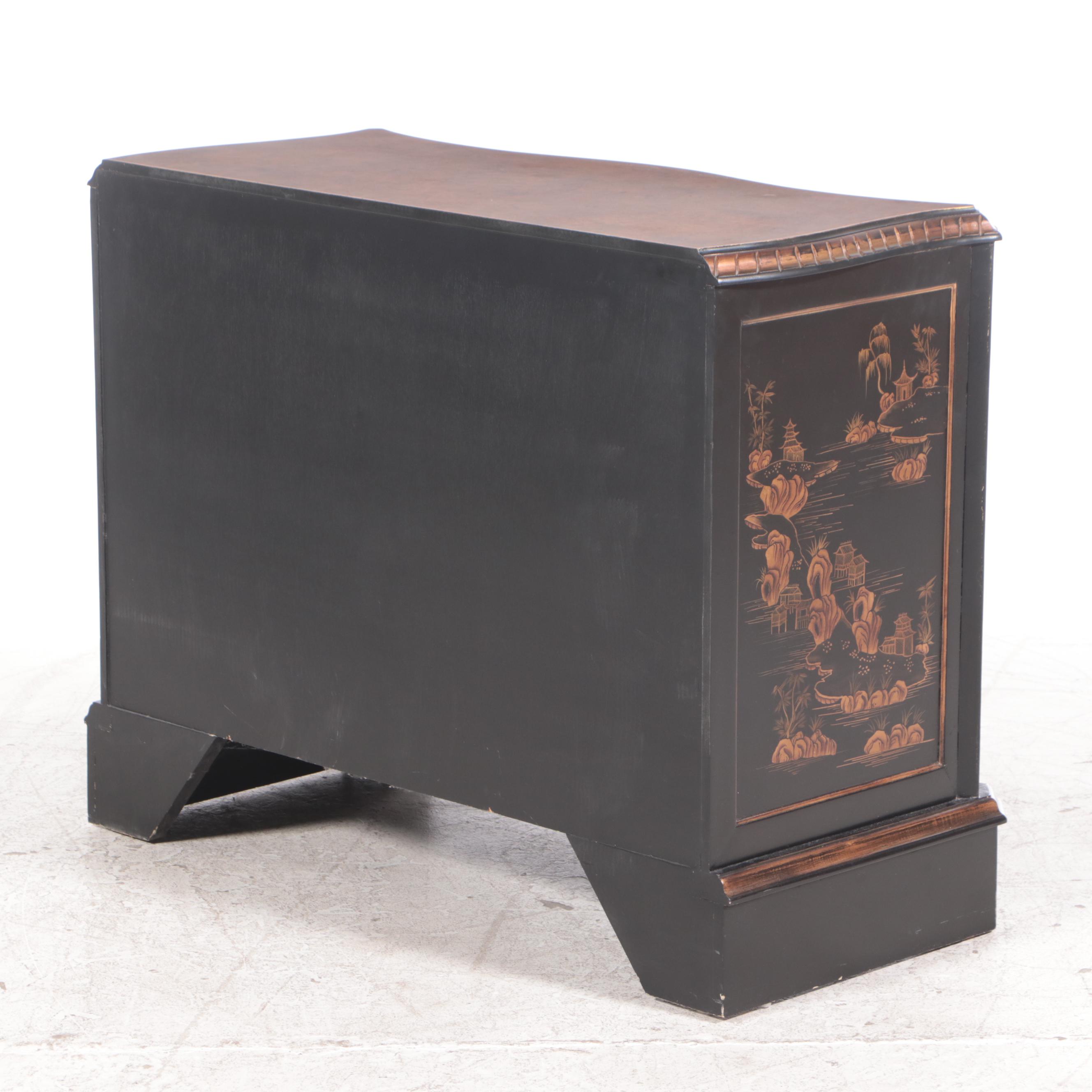 George III Style Ebonized, Parcel-Gilt, and Chinoiserie Four-Drawer Chest