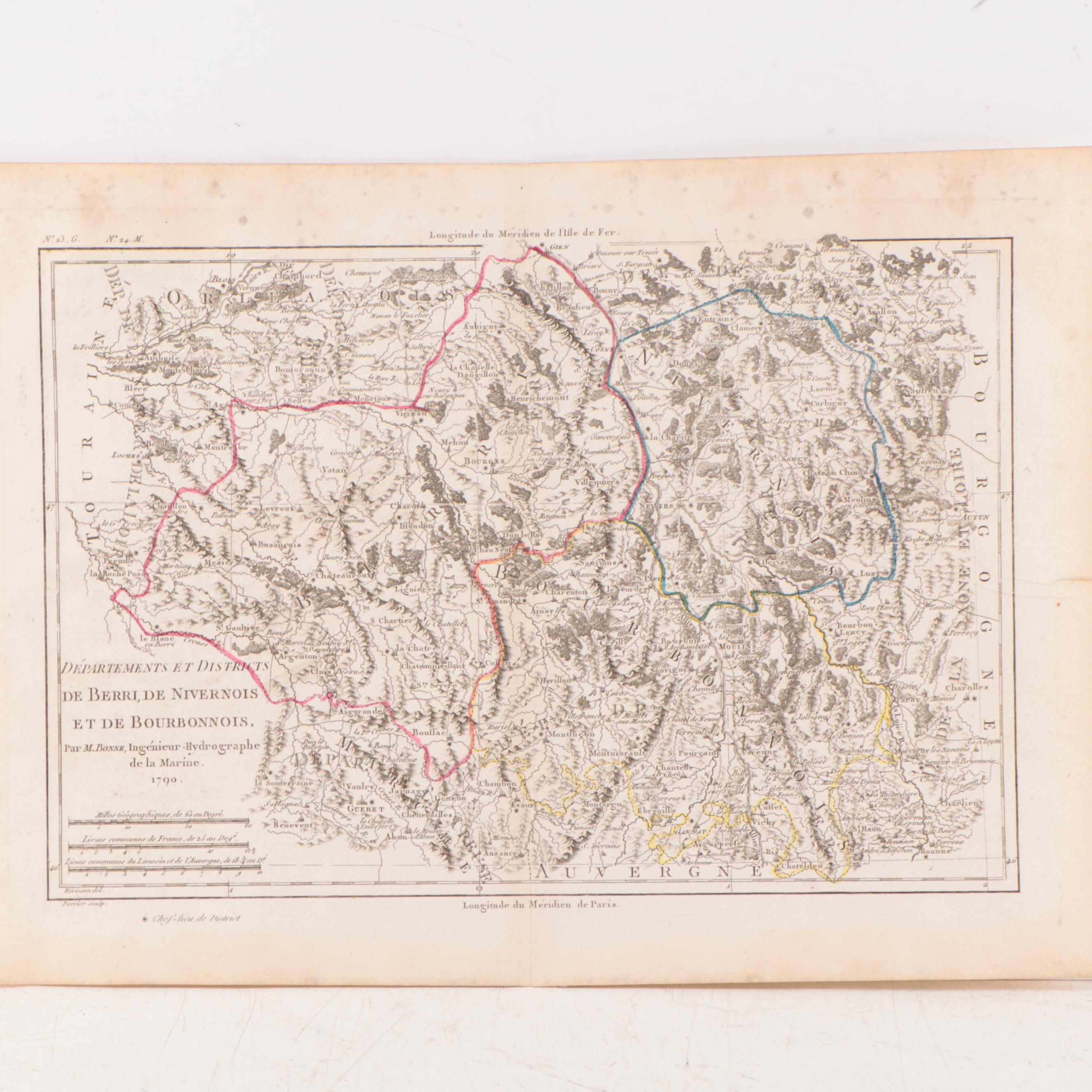 Rigobert Bonne Hand-Colored Map of Berri, Nivernais and Bourbonnais, 1790