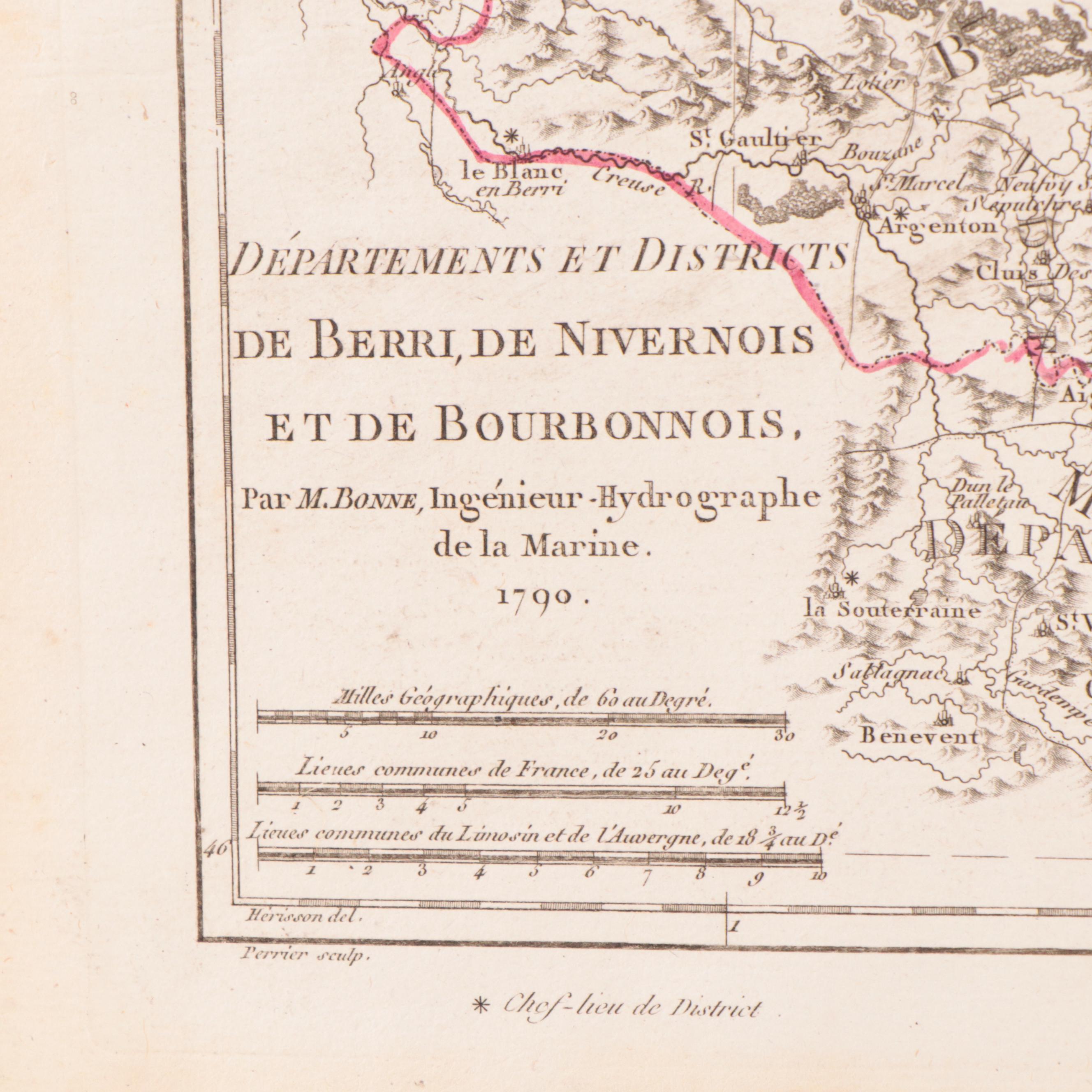 Rigobert Bonne Hand-Colored Map of Berri, Nivernais and Bourbonnais, 1790