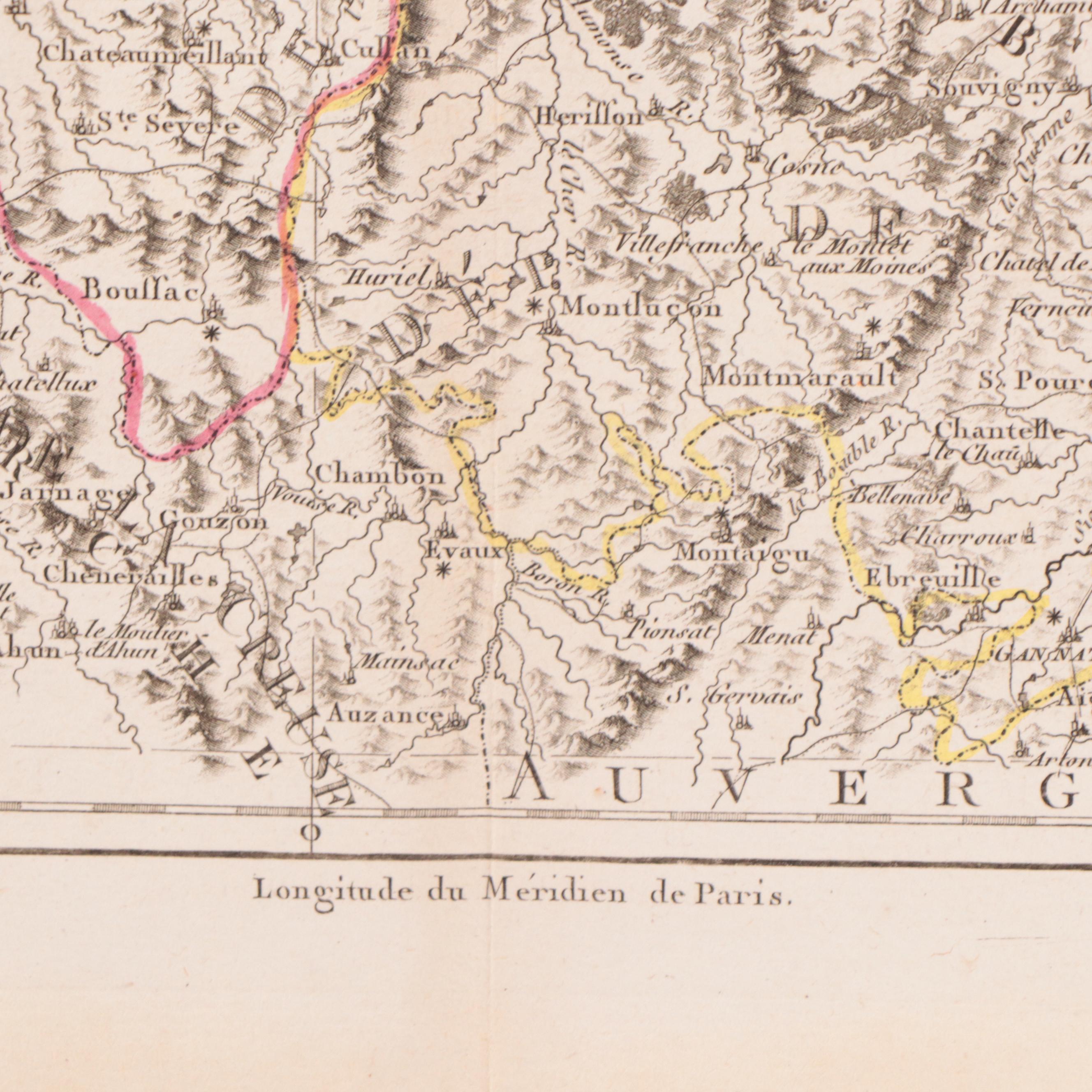 Rigobert Bonne Hand-Colored Map of Berri, Nivernais and Bourbonnais, 1790