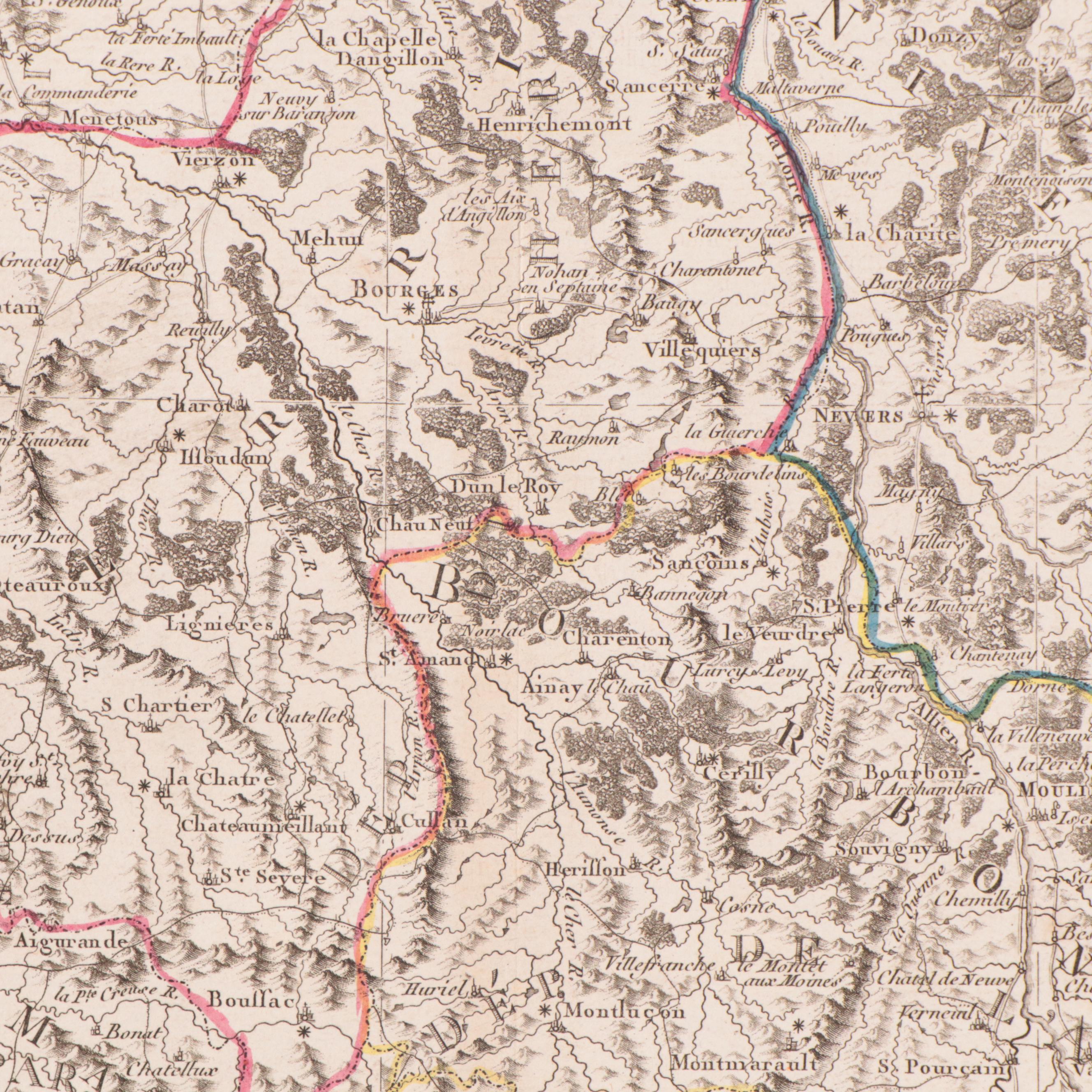 Rigobert Bonne Hand-Colored Map of Berri, Nivernais and Bourbonnais, 1790