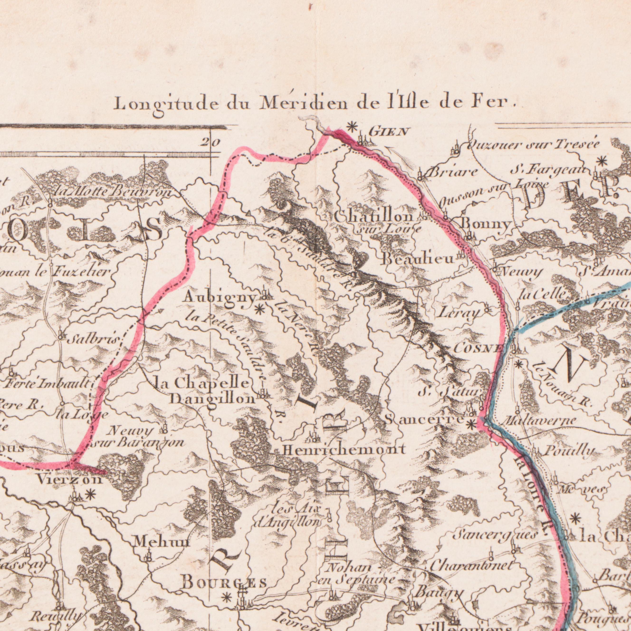 Rigobert Bonne Hand-Colored Map of Berri, Nivernais and Bourbonnais, 1790