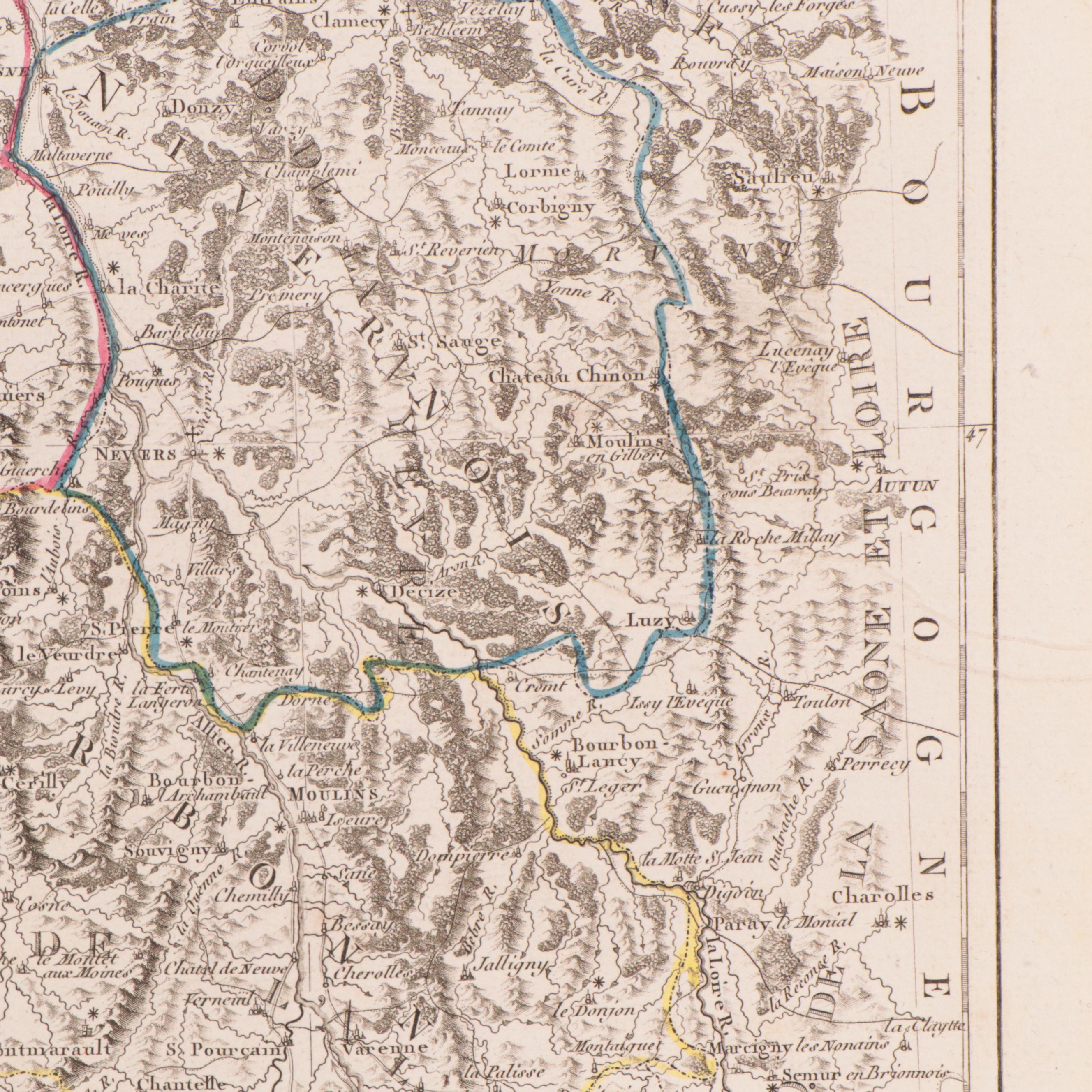 Rigobert Bonne Hand-Colored Map of Berri, Nivernais and Bourbonnais, 1790