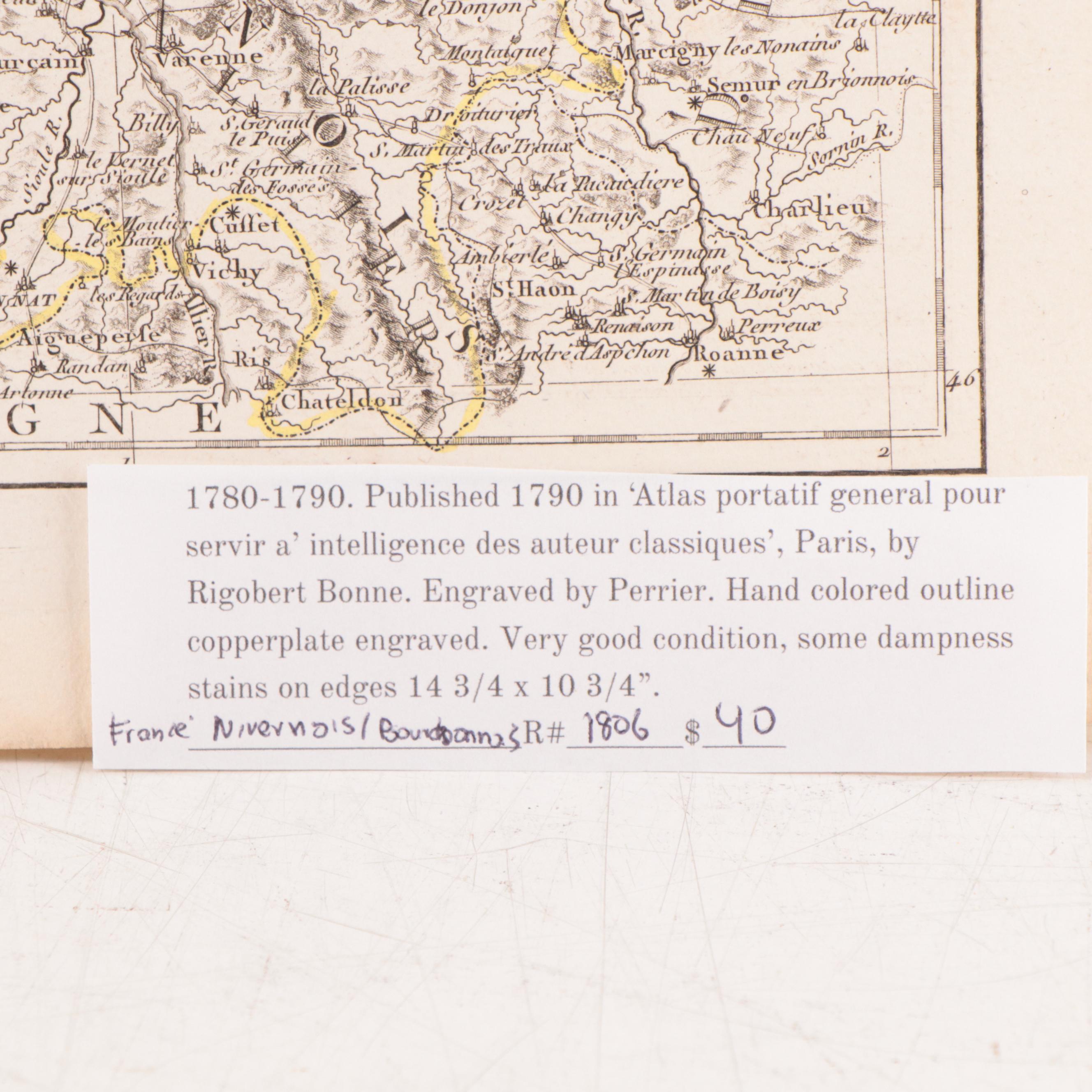 Rigobert Bonne Hand-Colored Map of Berri, Nivernais and Bourbonnais, 1790