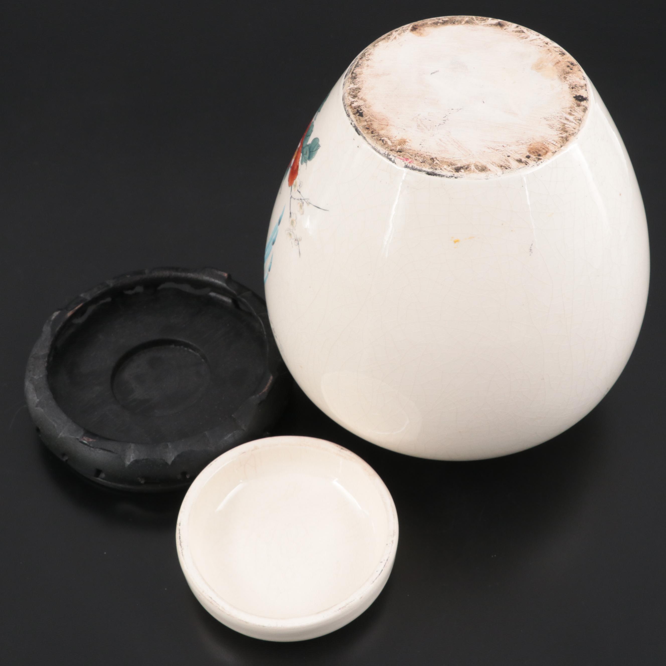 USA Pottery Transfer-Decorated Birds and Camellias Earthenware Ginger Jar