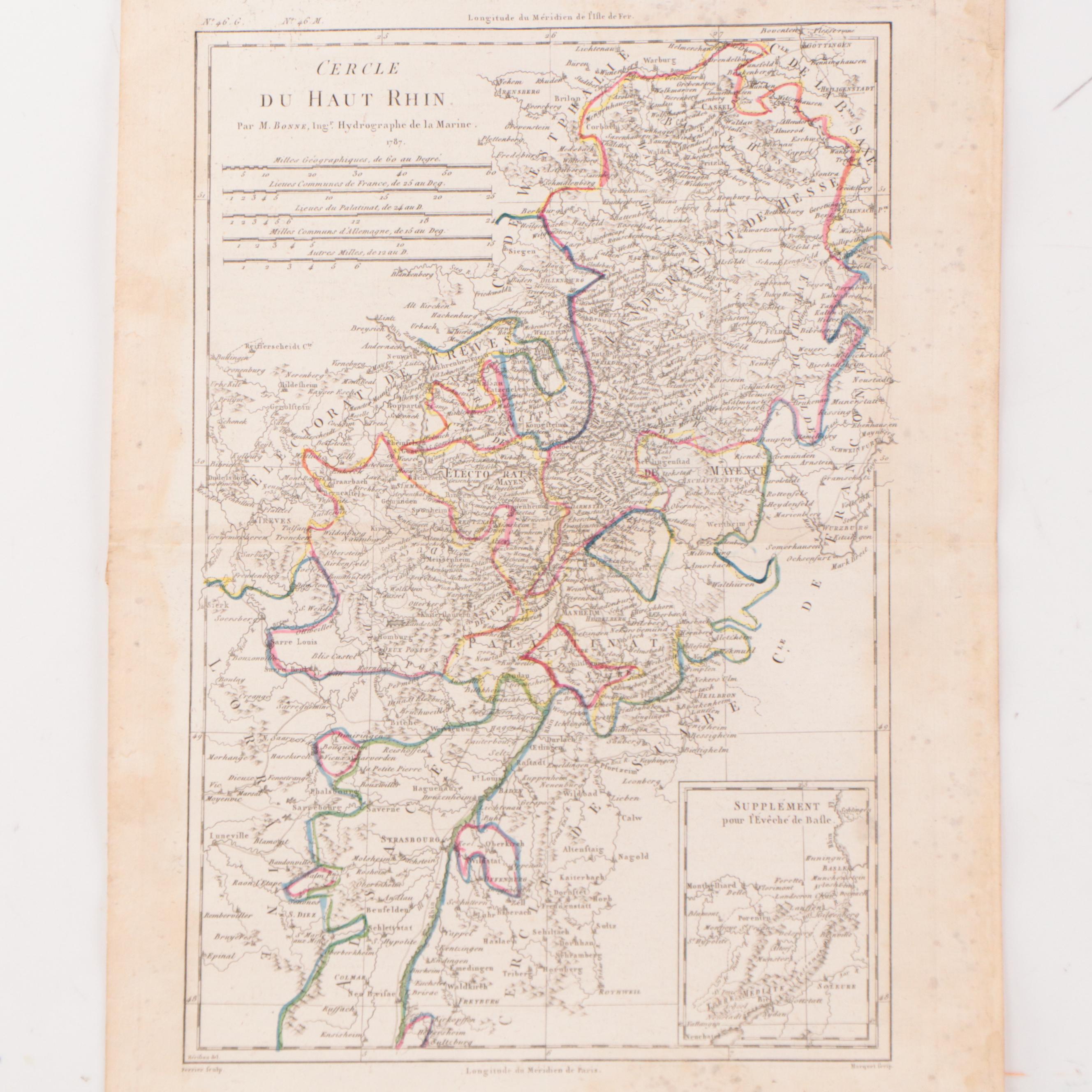 Rigobert Bonne Hand-Colored Map "Cercle du Haut Rhin," 1790