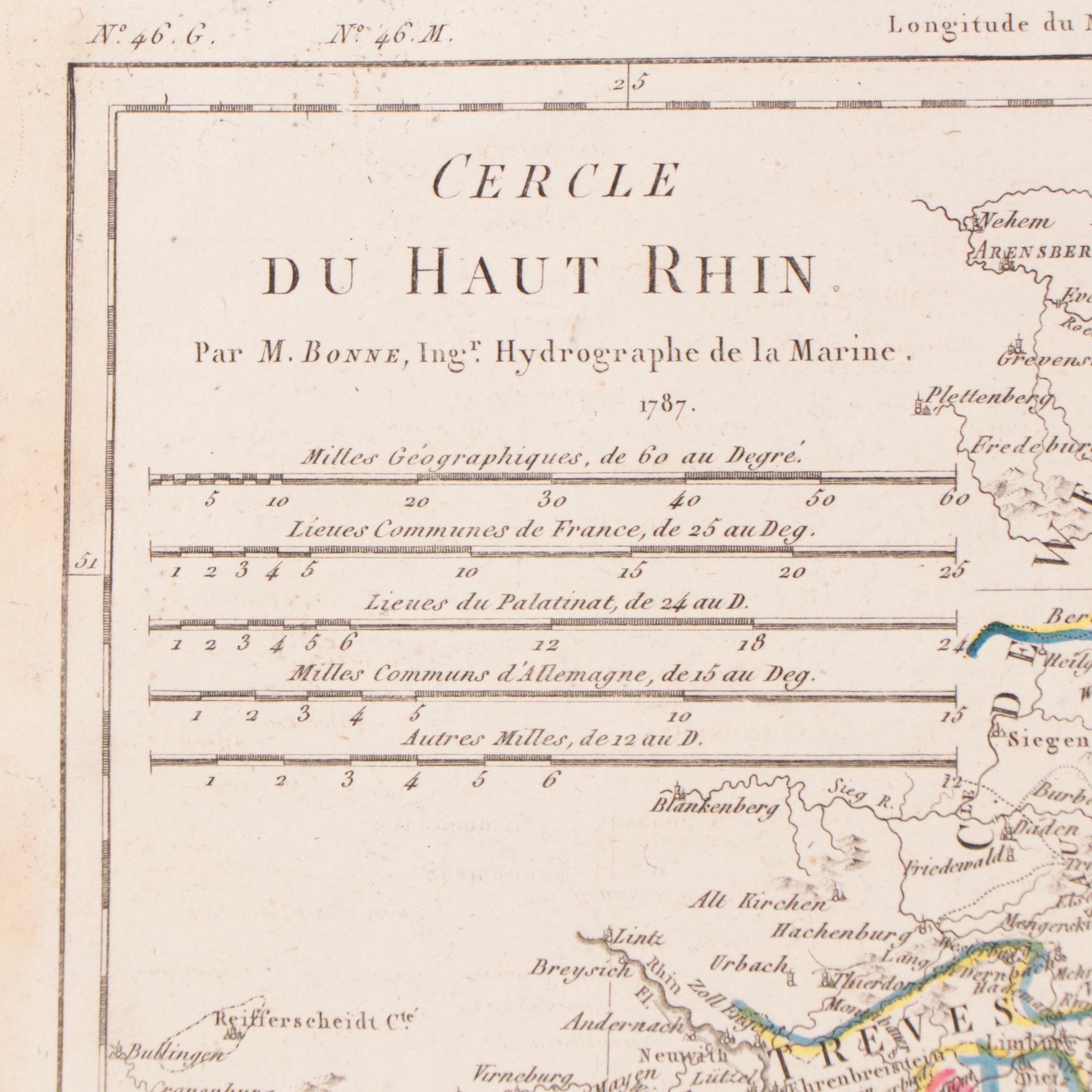 Rigobert Bonne Hand-Colored Map "Cercle du Haut Rhin," 1790