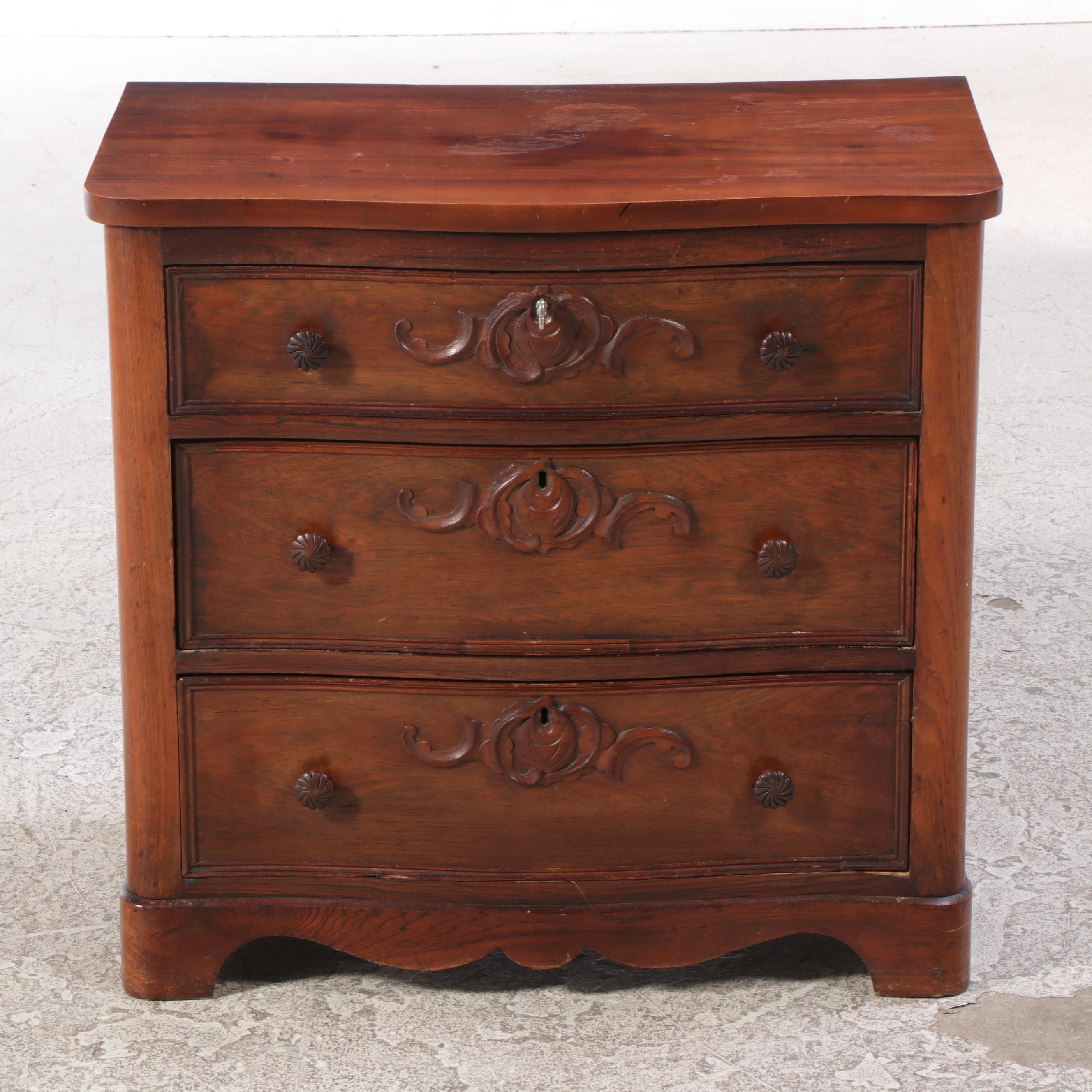 American Rococo Revival Walnut Three-Drawer Serpentine Bedside Chest
