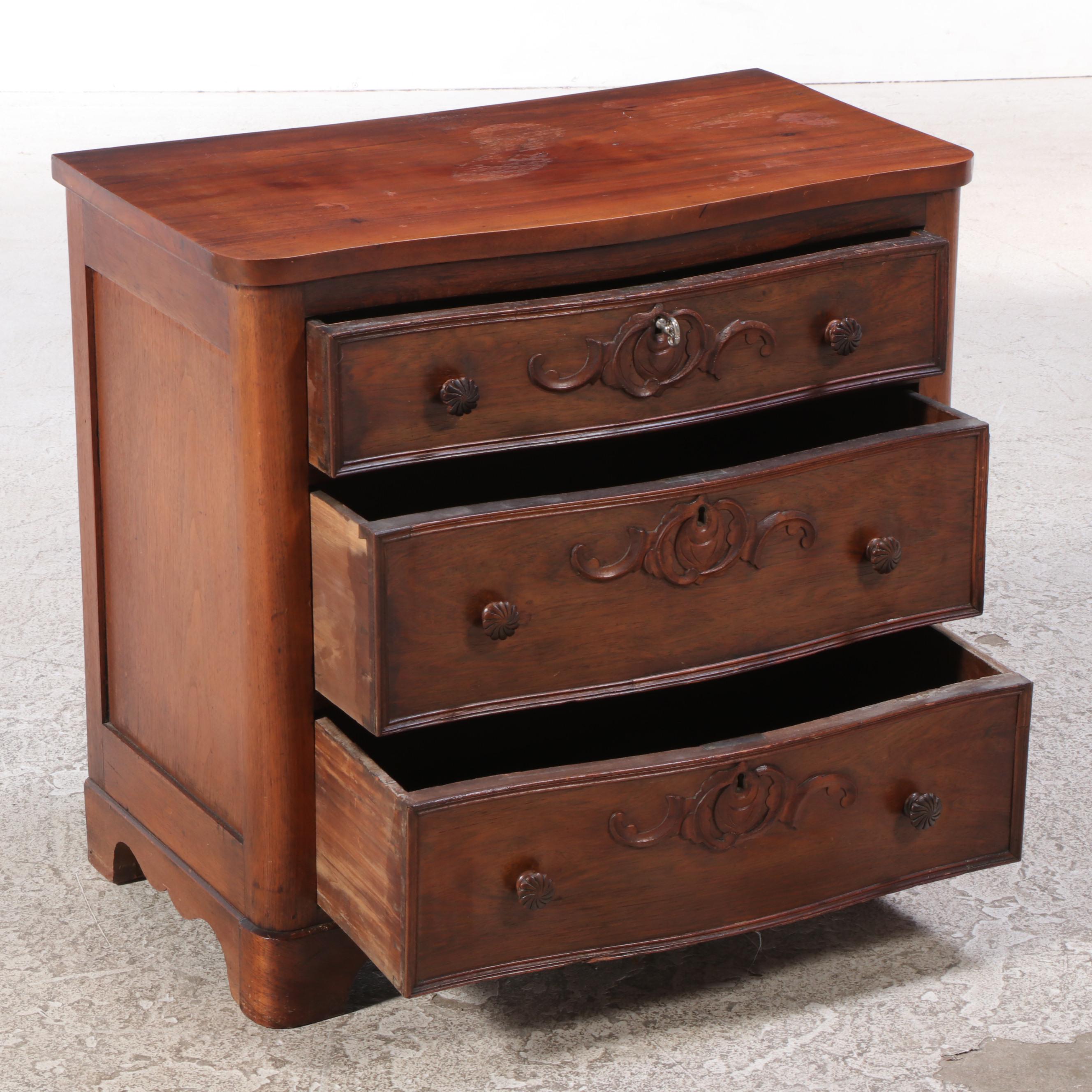 American Rococo Revival Walnut Three-Drawer Serpentine Bedside Chest