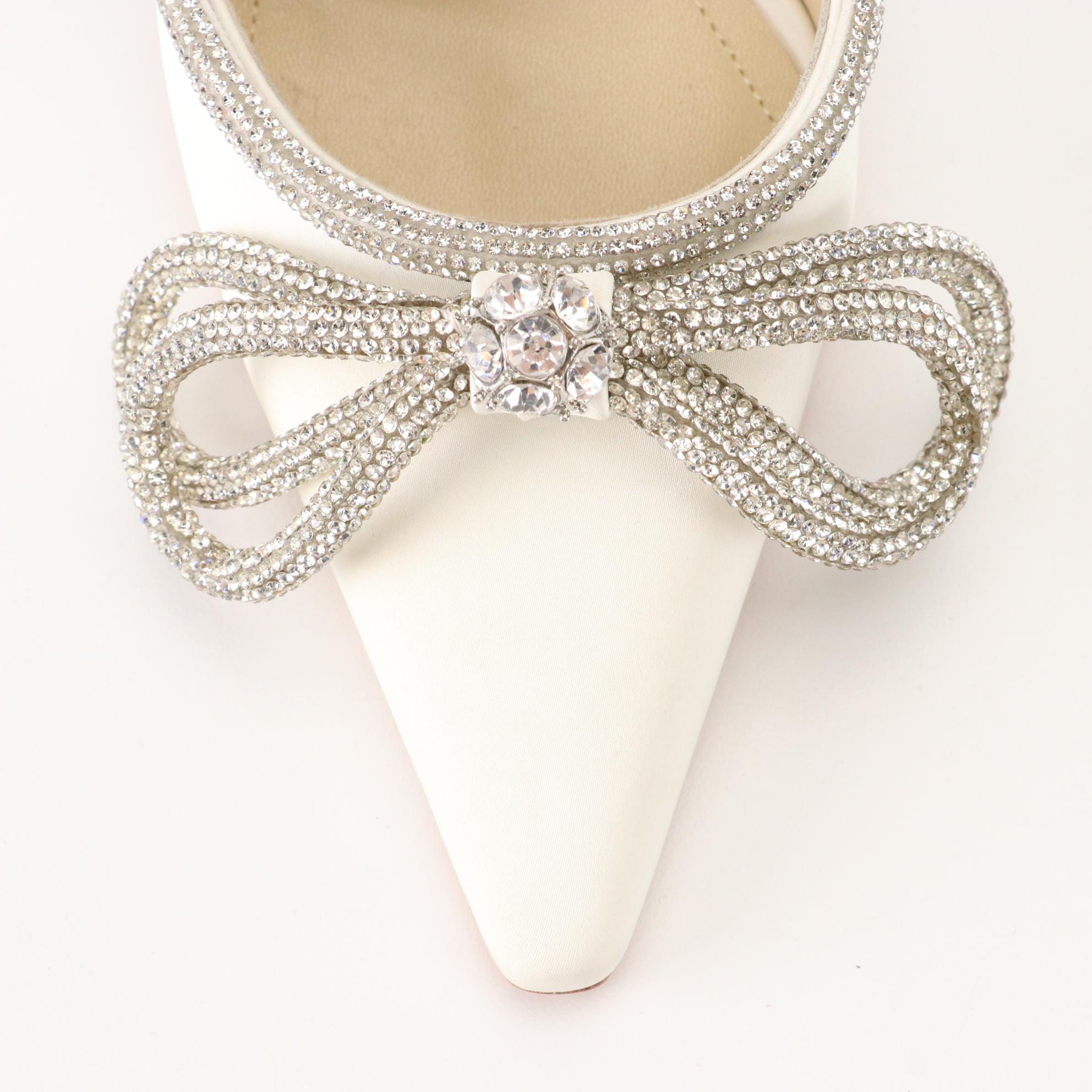 Mach & Mach Double Crystal Bow Pointed Toe Satin Pumps