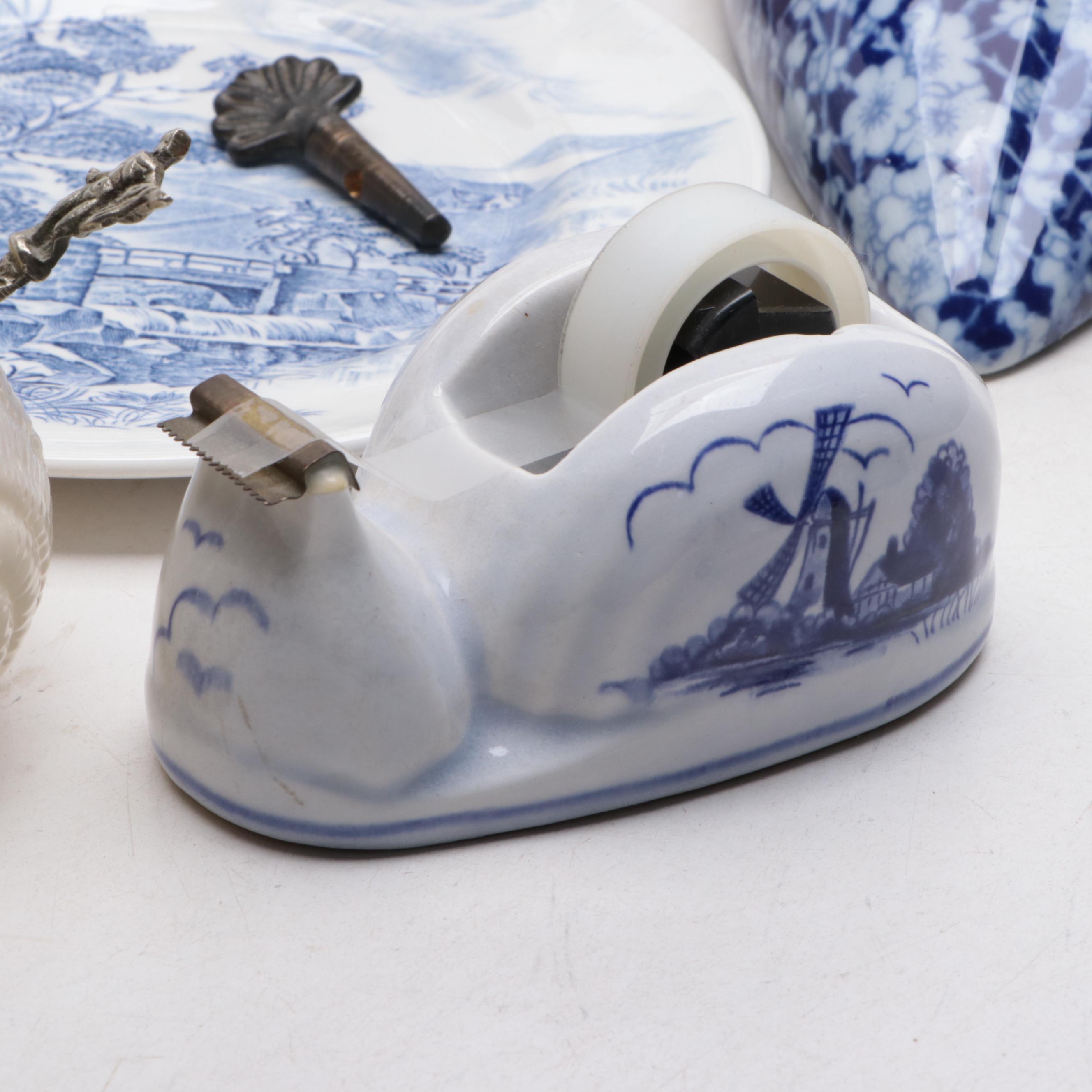 Blue and White Ceramic Fountain, Wedgwood "Countryside" Plate and More