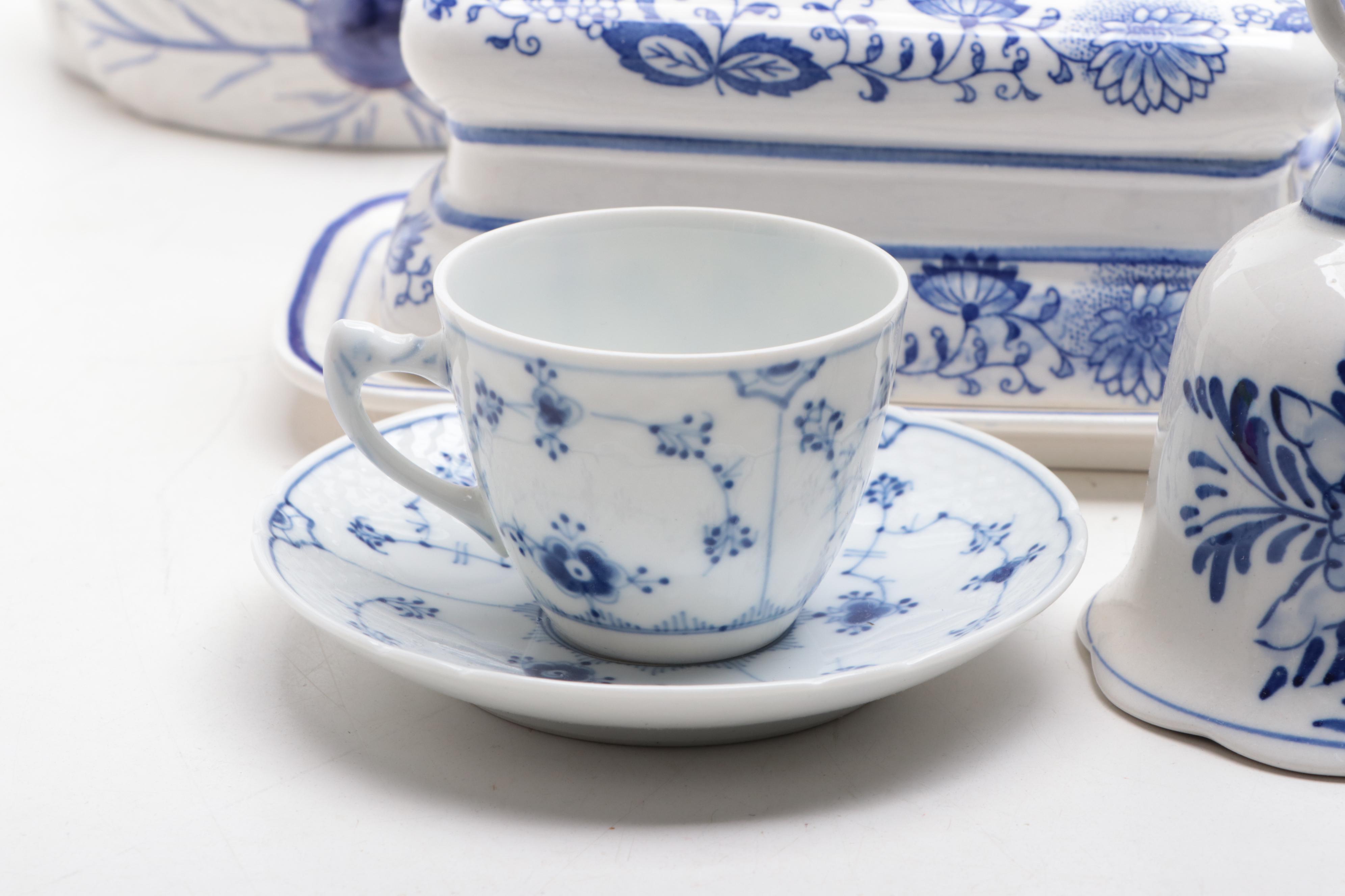 Blue and White Ceramic Fountain, Wedgwood "Countryside" Plate and More