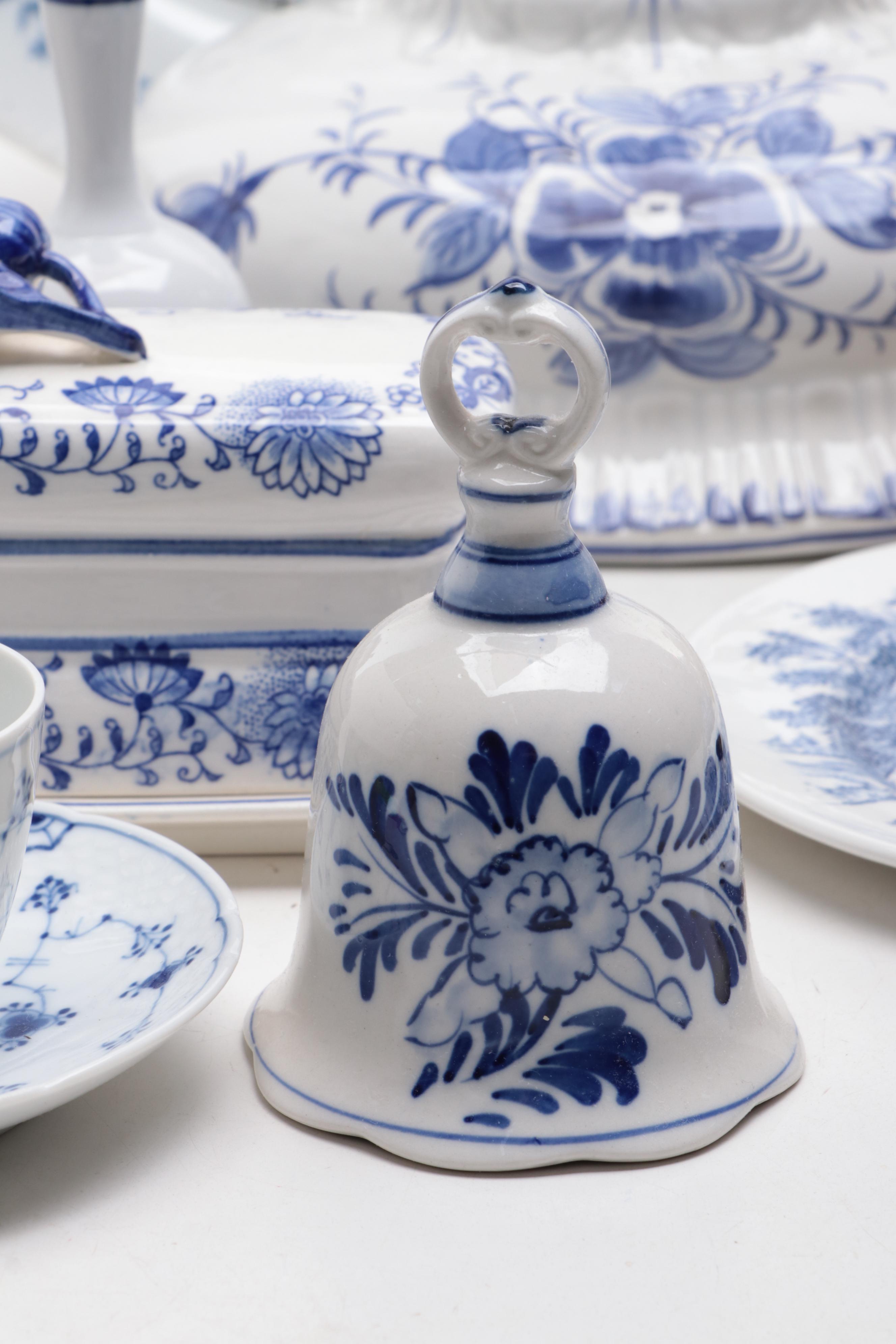 Blue and White Ceramic Fountain, Wedgwood "Countryside" Plate and More