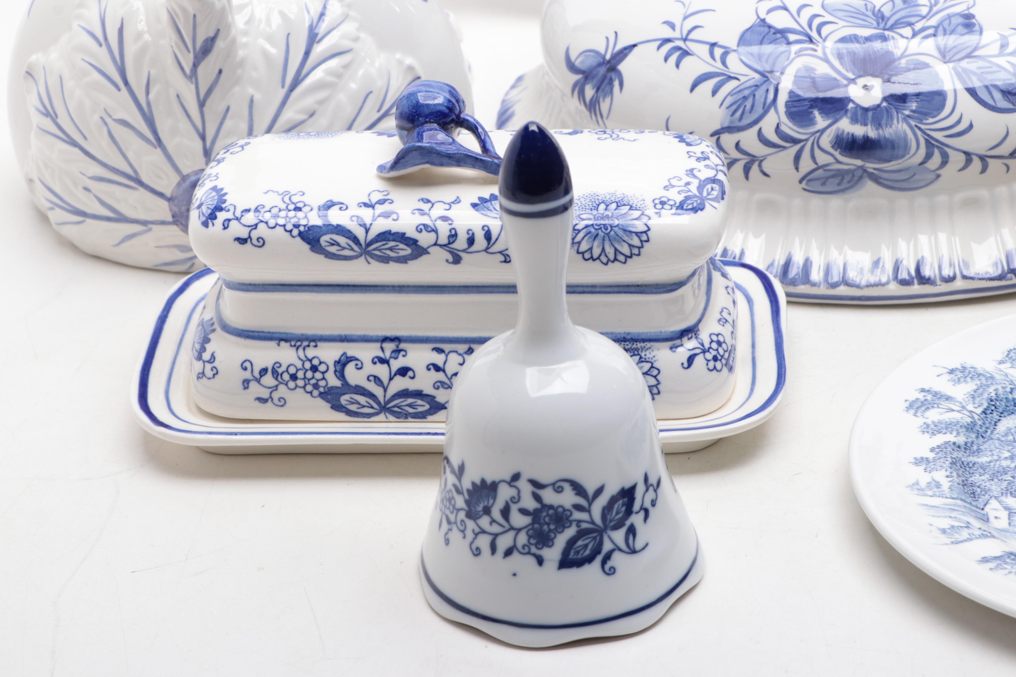 Blue and White Ceramic Fountain, Wedgwood "Countryside" Plate and More