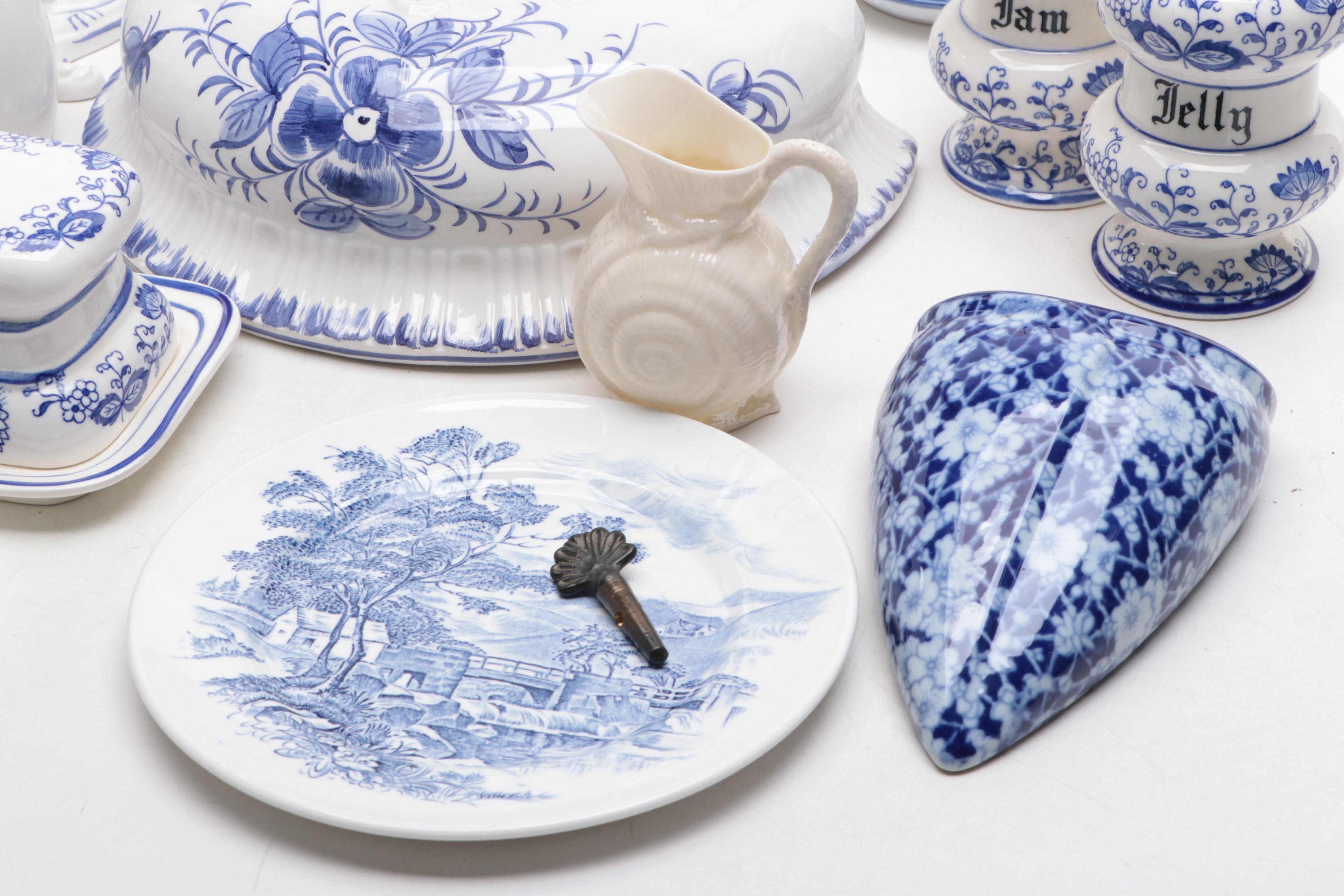Blue and White Ceramic Fountain, Wedgwood "Countryside" Plate and More