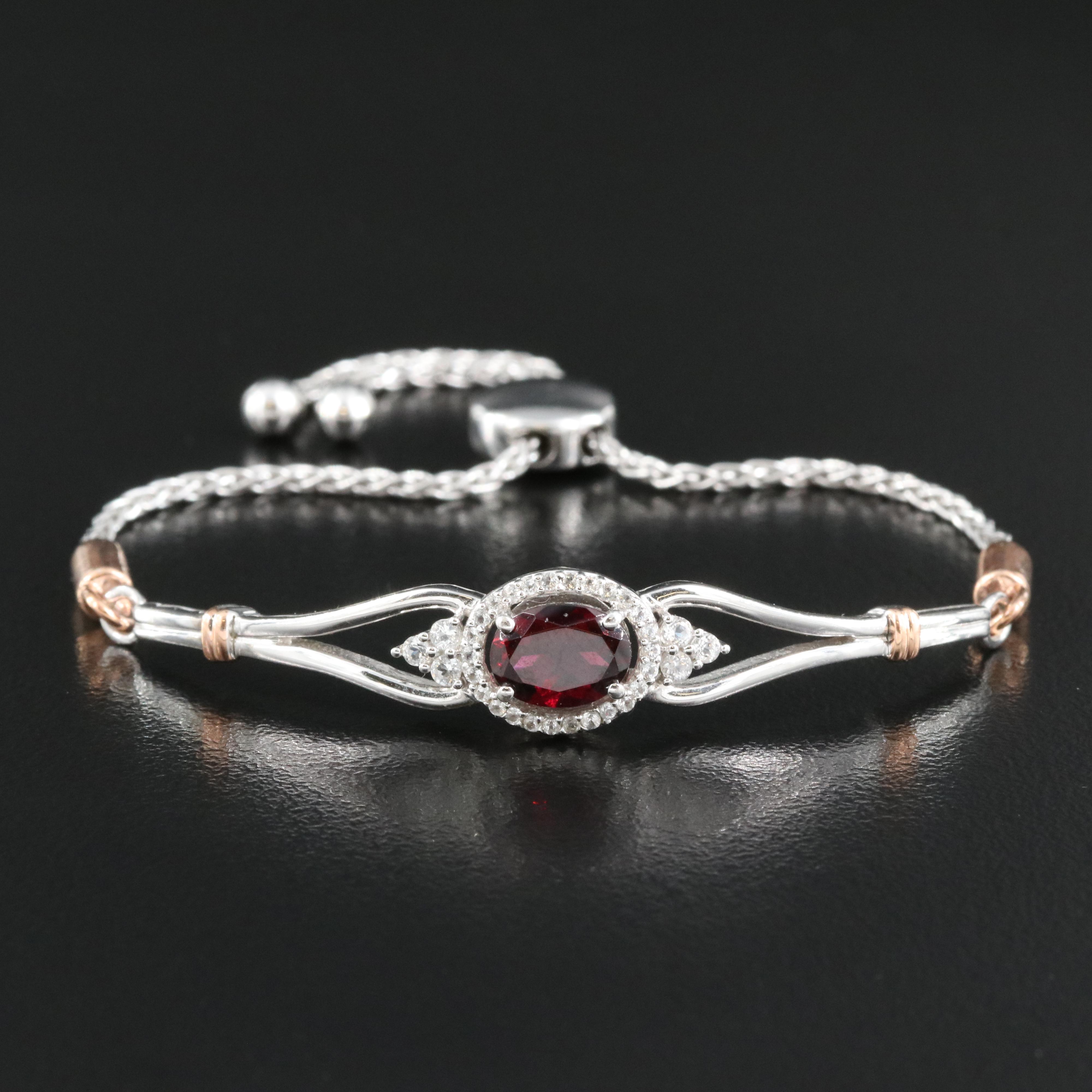 Sterling Garnet and Topaz Bolo Bracelet with 10K Rose Gold Accents