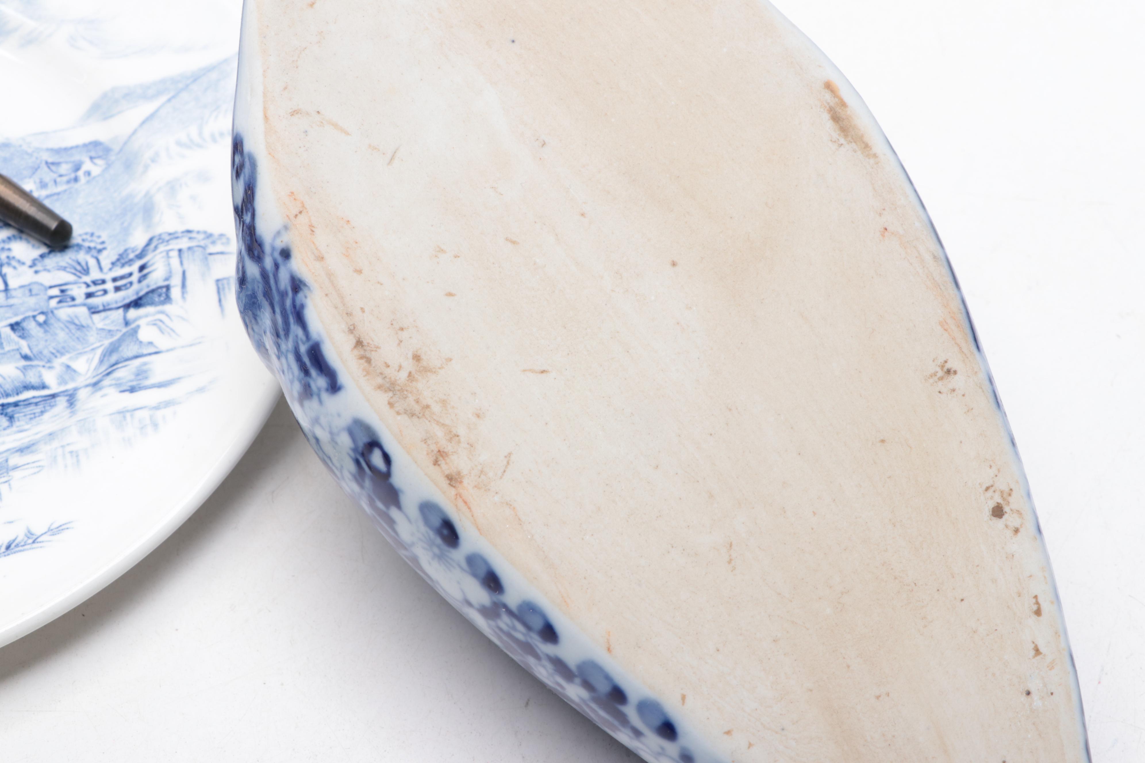 Blue and White Ceramic Fountain, Wedgwood "Countryside" Plate and More