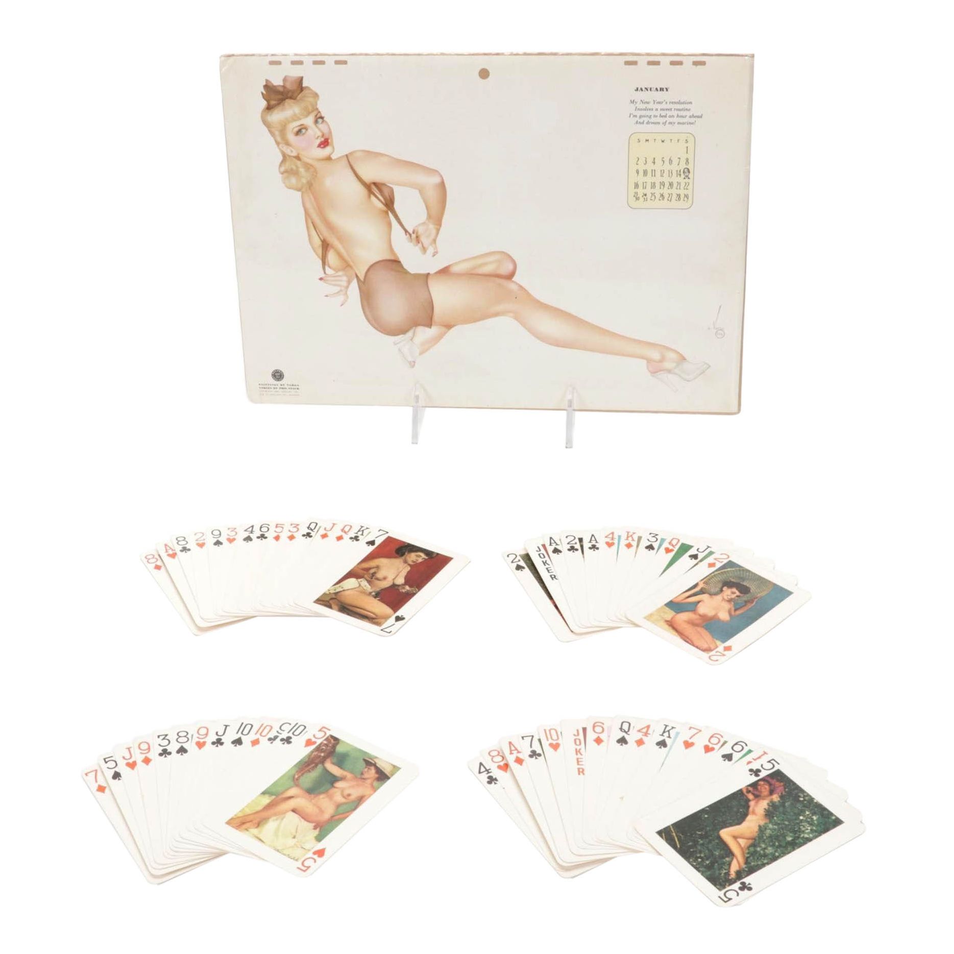 Pin-Up Girl Playing Cards and Vargas Calendar Page, Mid-20th Century