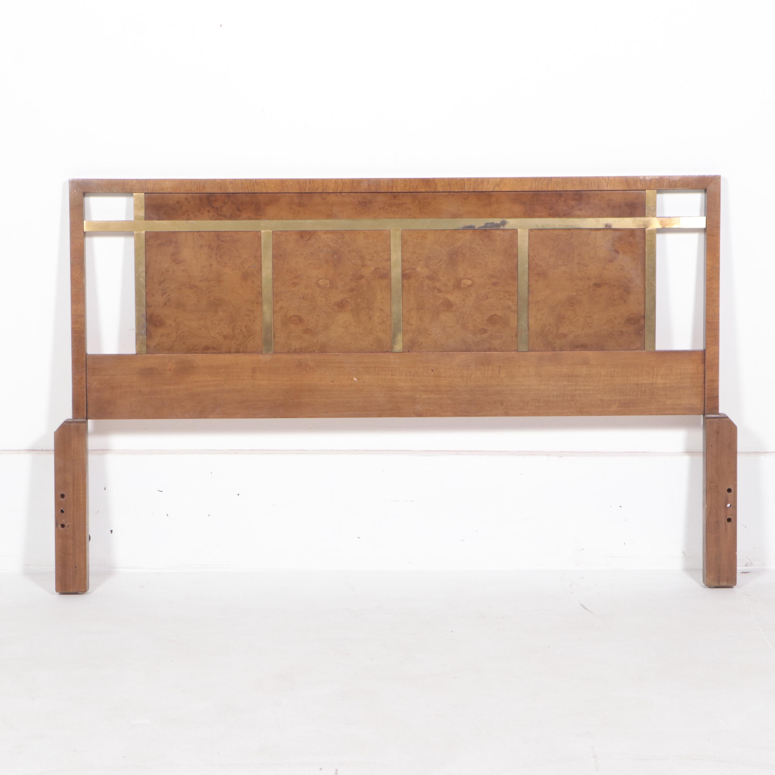 IMid Century Modern Olive Ash Burl and Brass Queen Headboard and Footboard