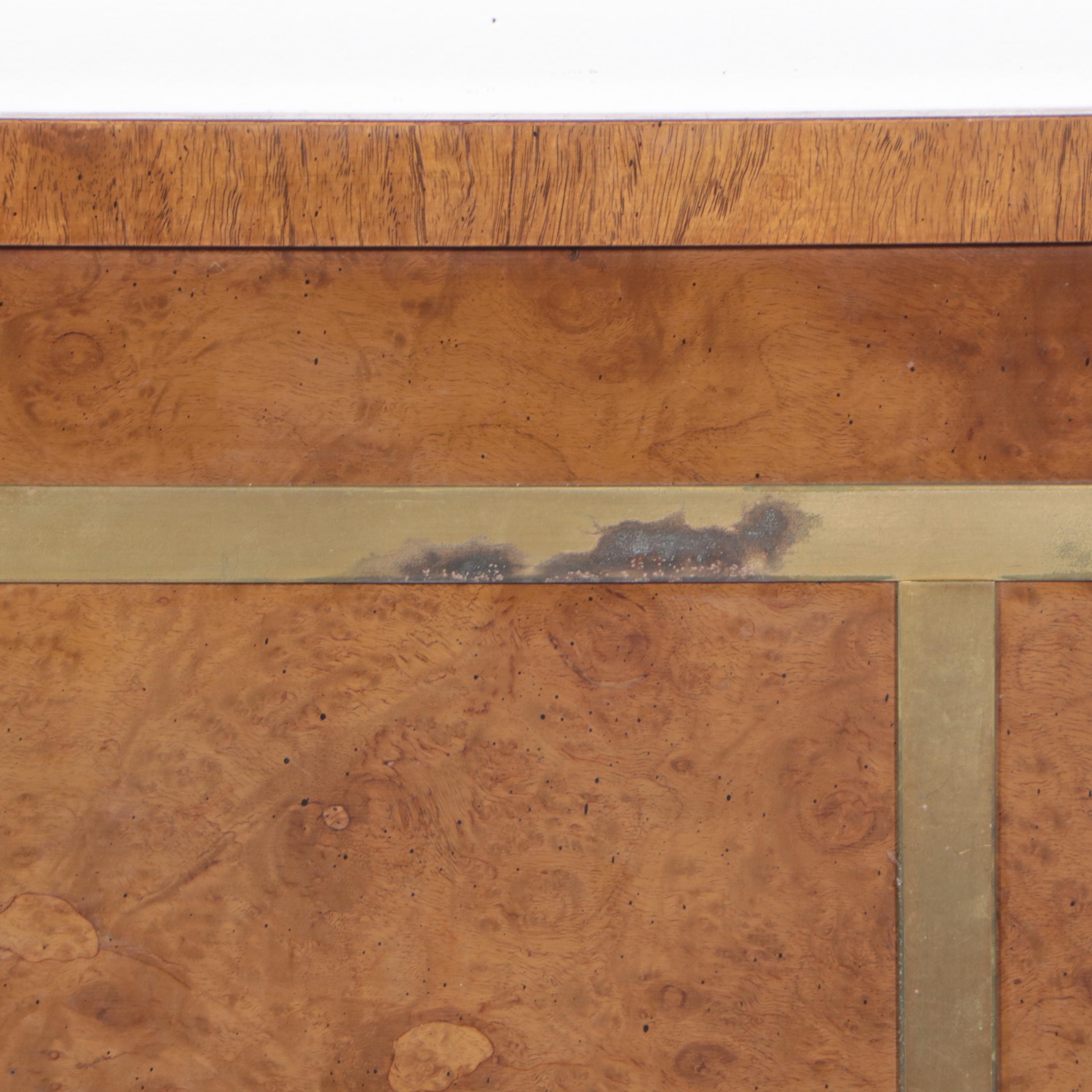 IMid Century Modern Olive Ash Burl and Brass Queen Headboard and Footboard