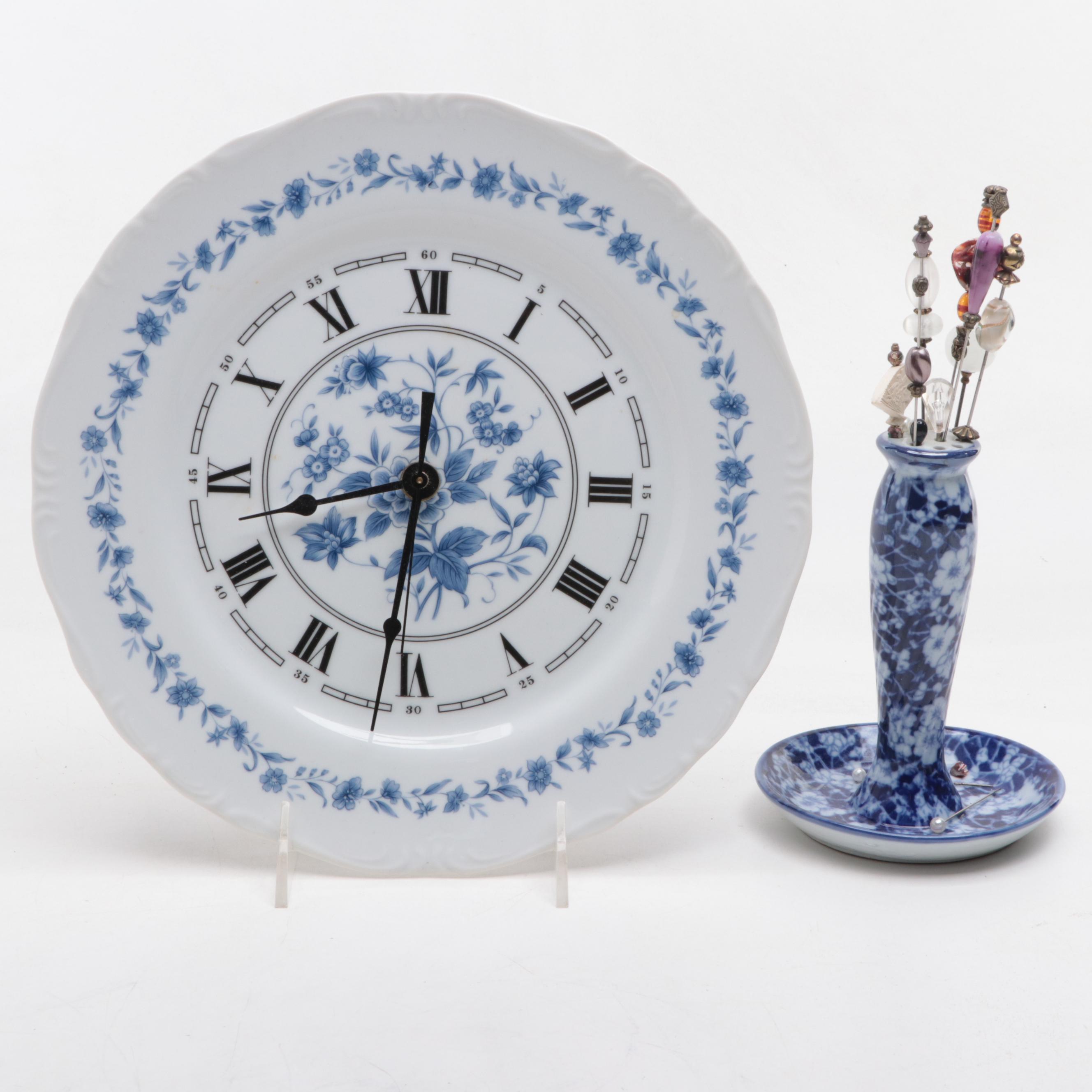 Blue and White Ceramic Fountain, Wedgwood "Countryside" Plate and More