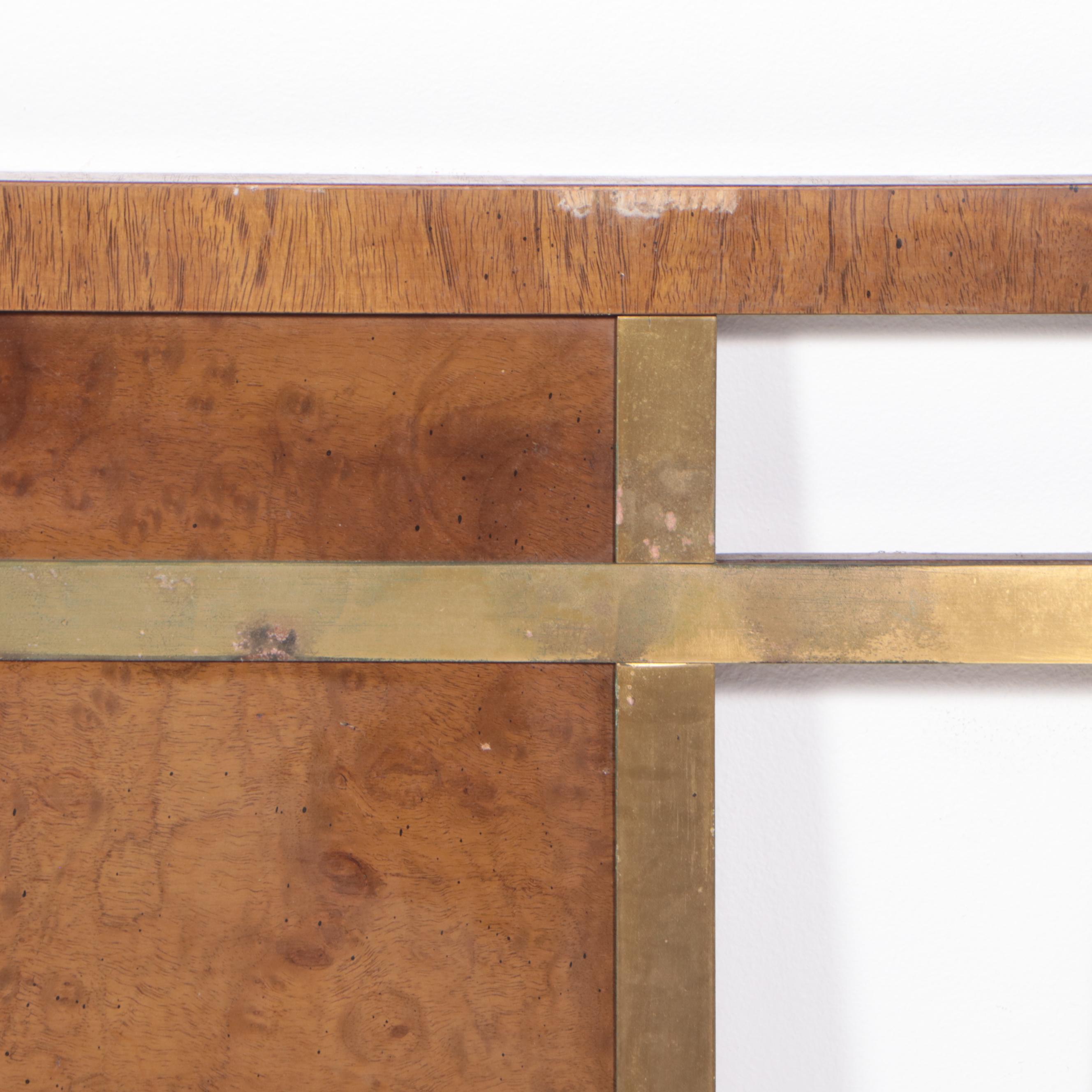IMid Century Modern Olive Ash Burl and Brass Queen Headboard and Footboard