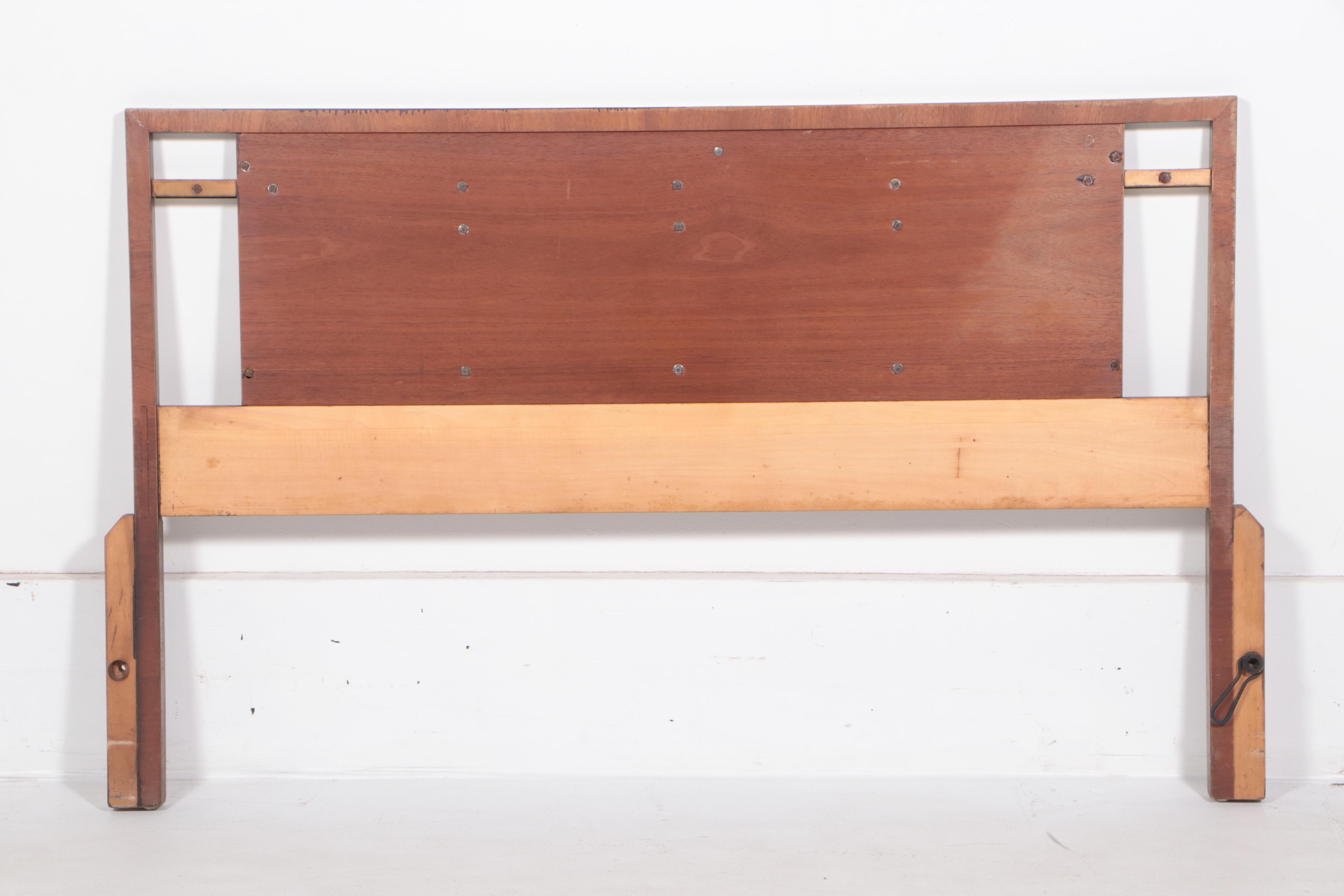 IMid Century Modern Olive Ash Burl and Brass Queen Headboard and Footboard