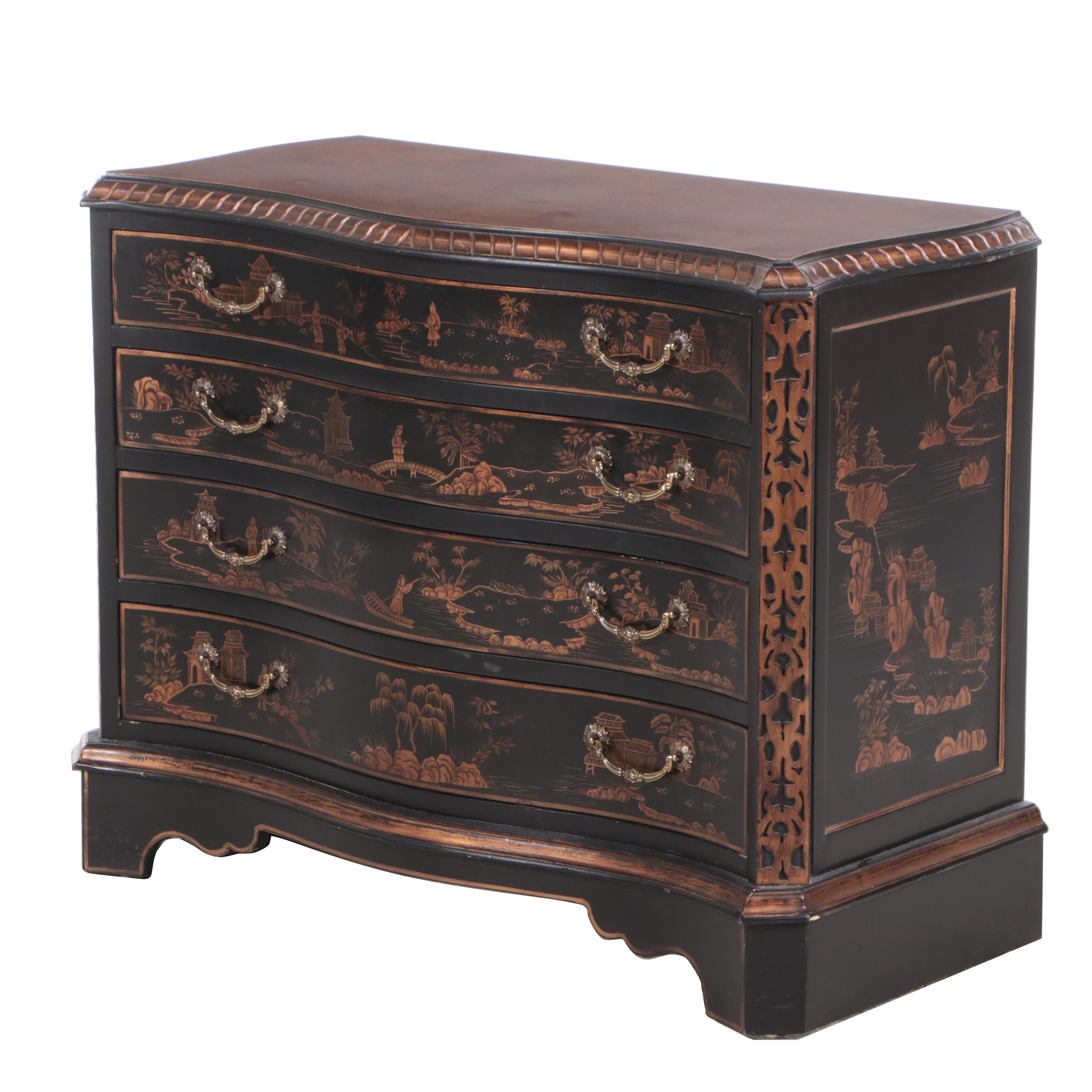 George III Style Ebonized, Parcel-Gilt, and Chinoiserie Four-Drawer Chest