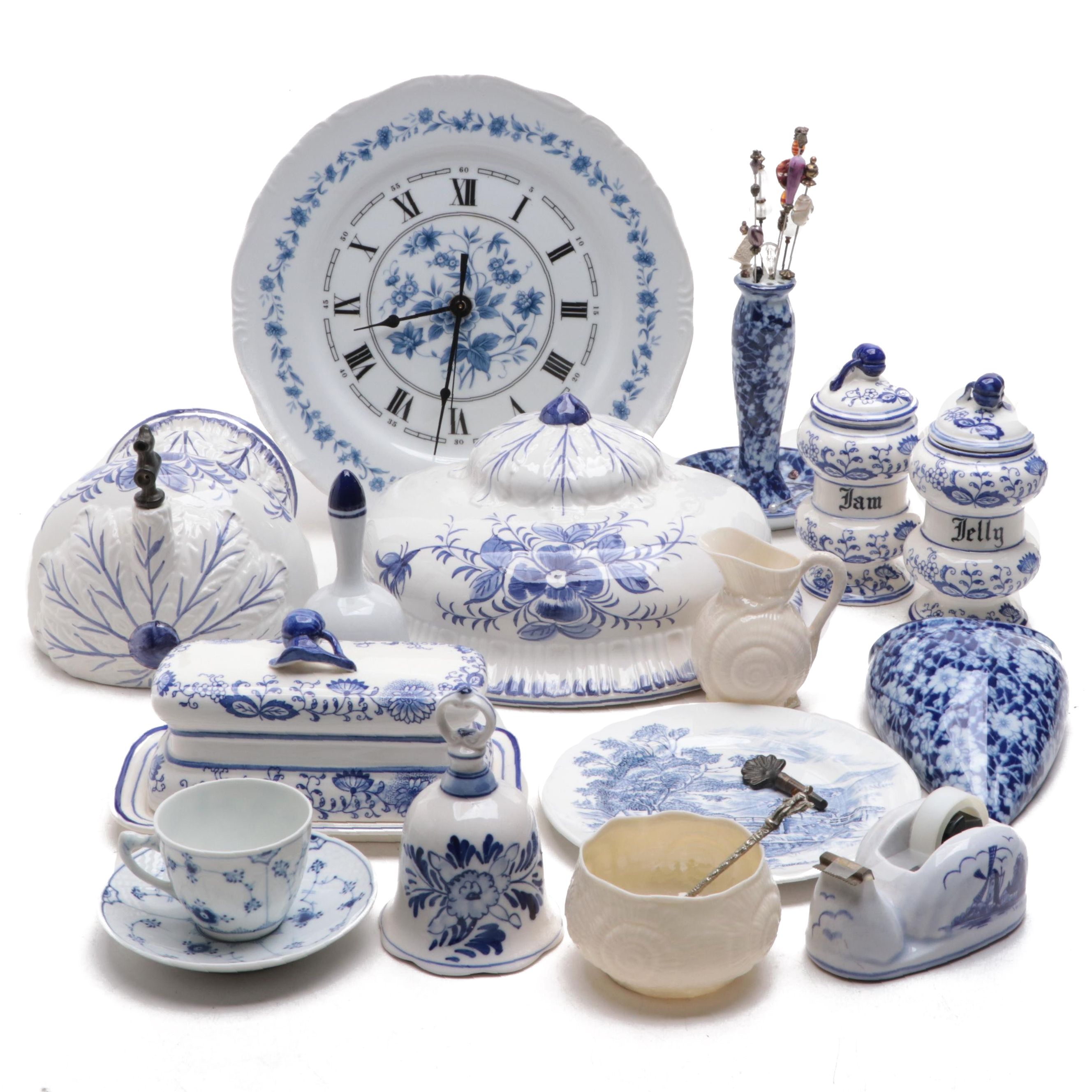 Blue and White Ceramic Fountain, Wedgwood "Countryside" Plate and More