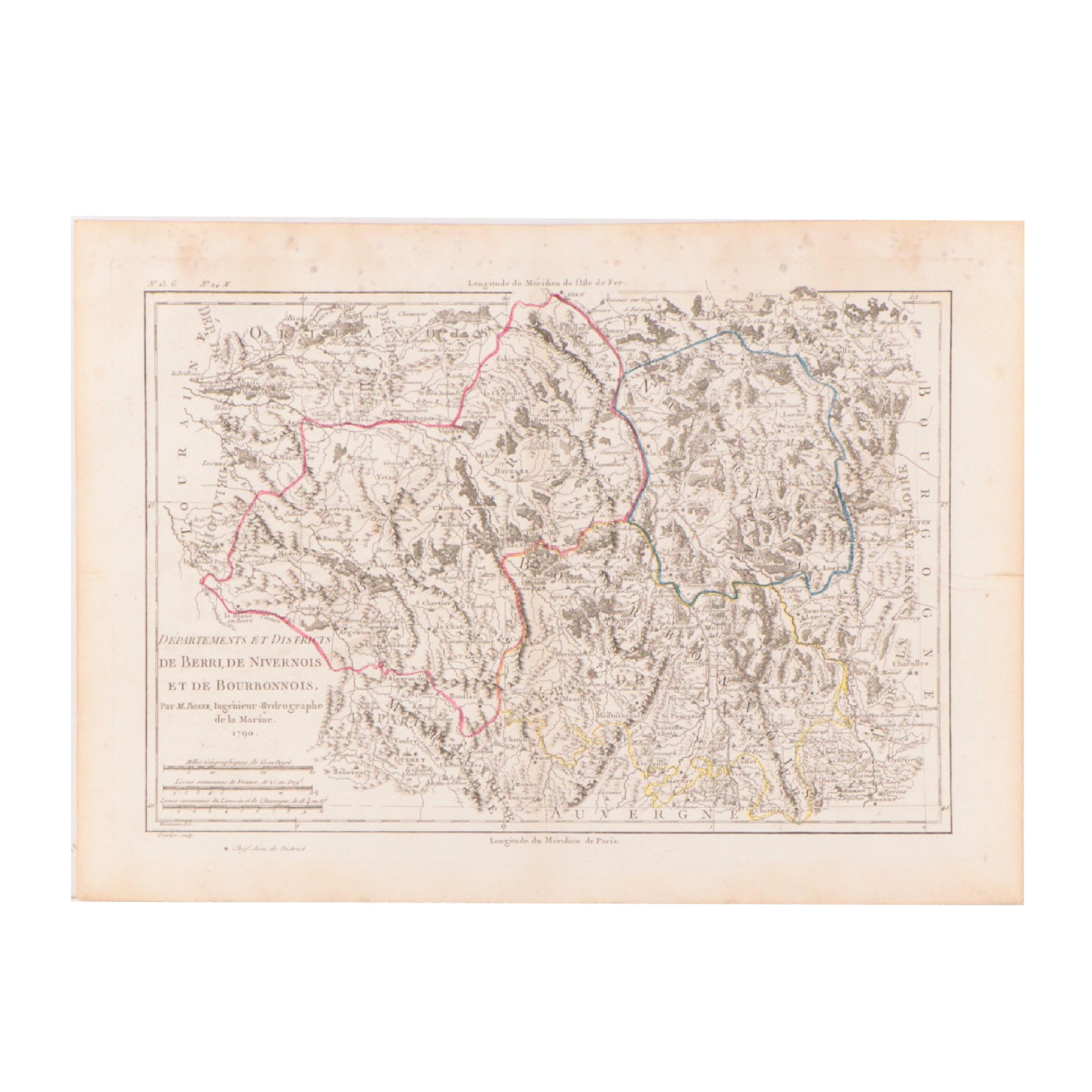 Rigobert Bonne Hand-Colored Map of Berri, Nivernais and Bourbonnais, 1790