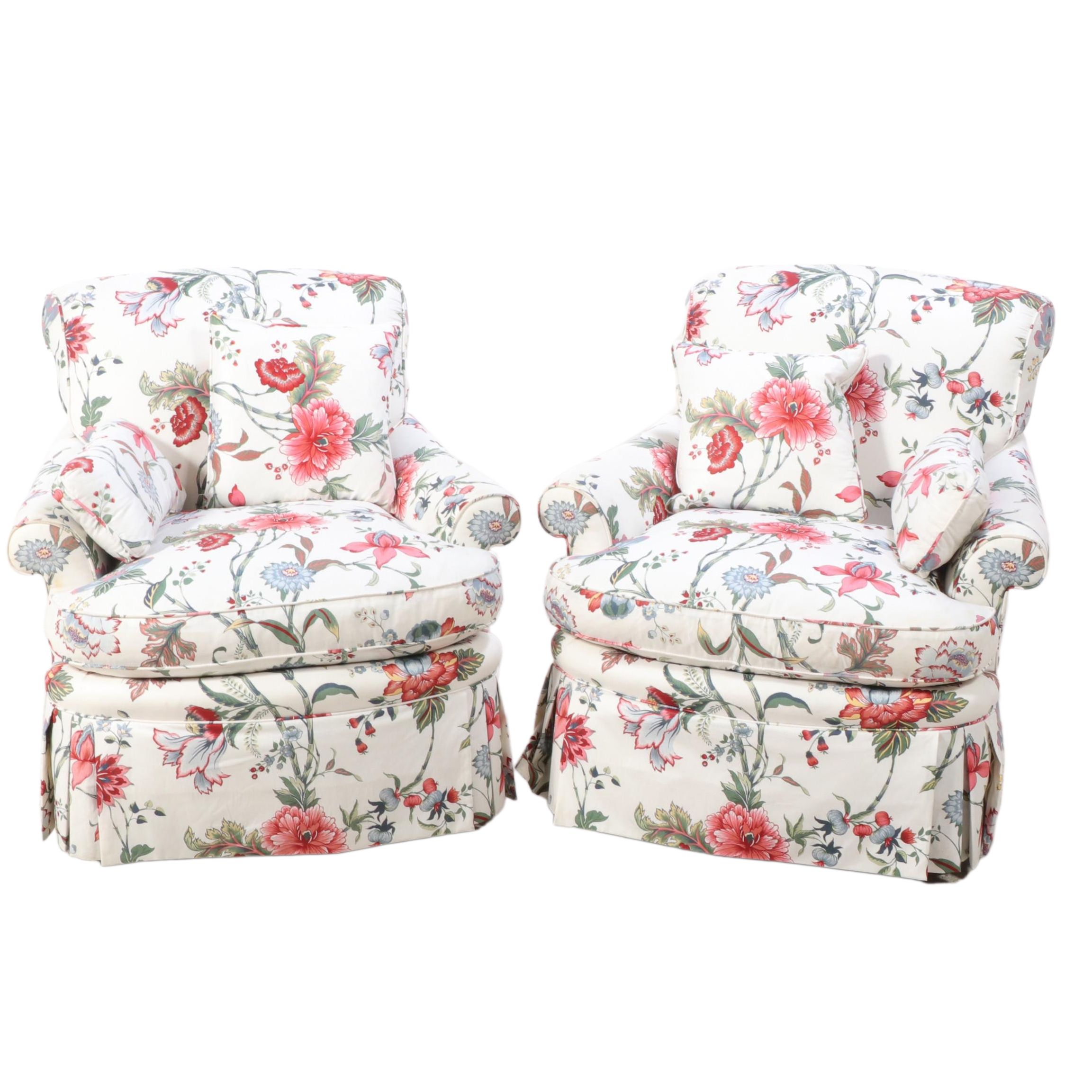 Pair of TRS Furniture Inc. Floral-Upholstered Easy Armchairs