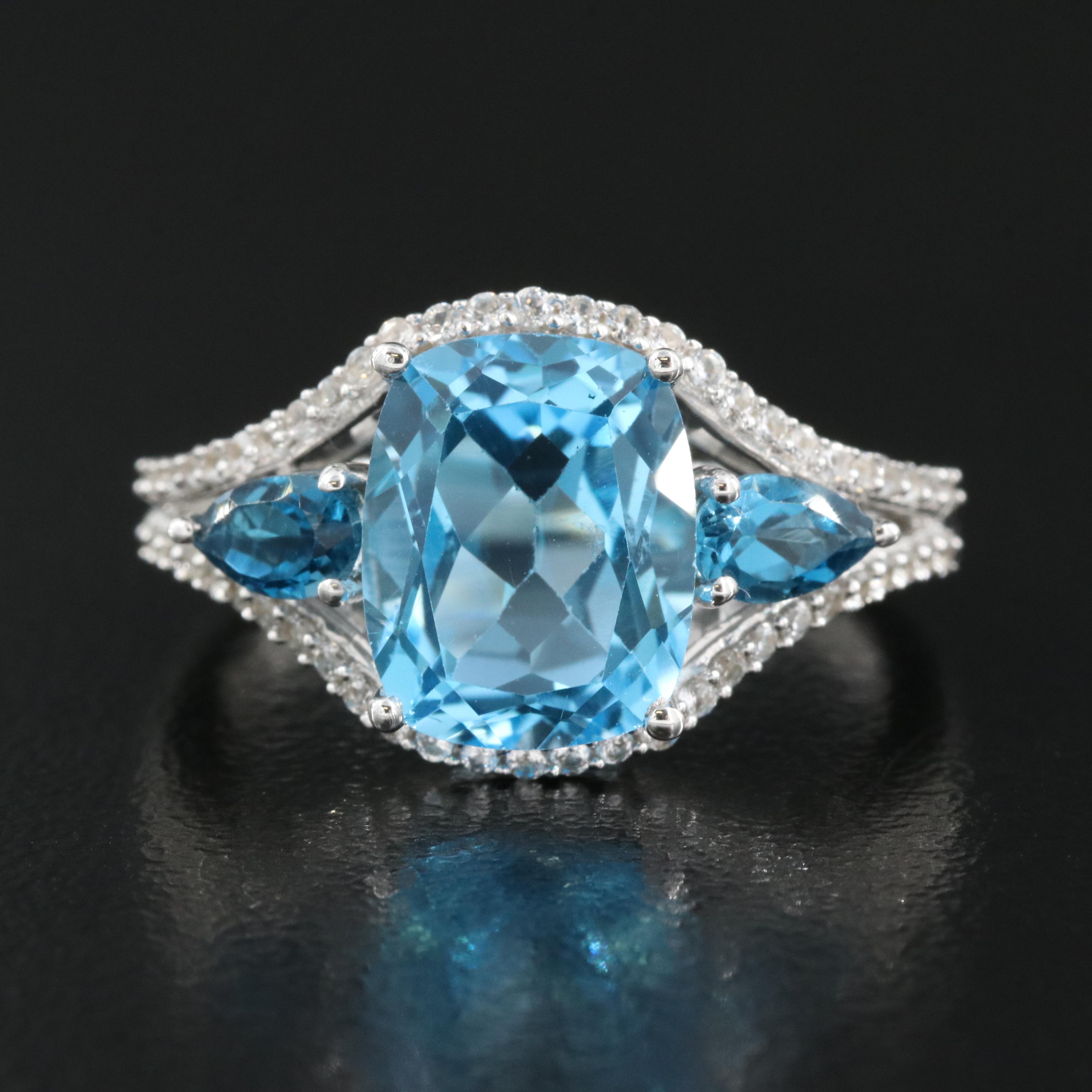 Sterling Swiss Blue Topaz, London Blue Topaz and Sapphire Ring