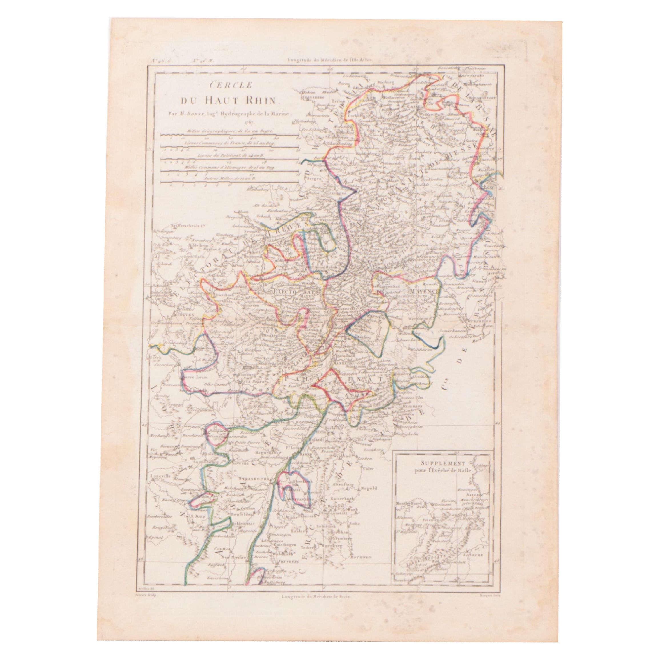 Rigobert Bonne Hand-Colored Map "Cercle du Haut Rhin," 1790