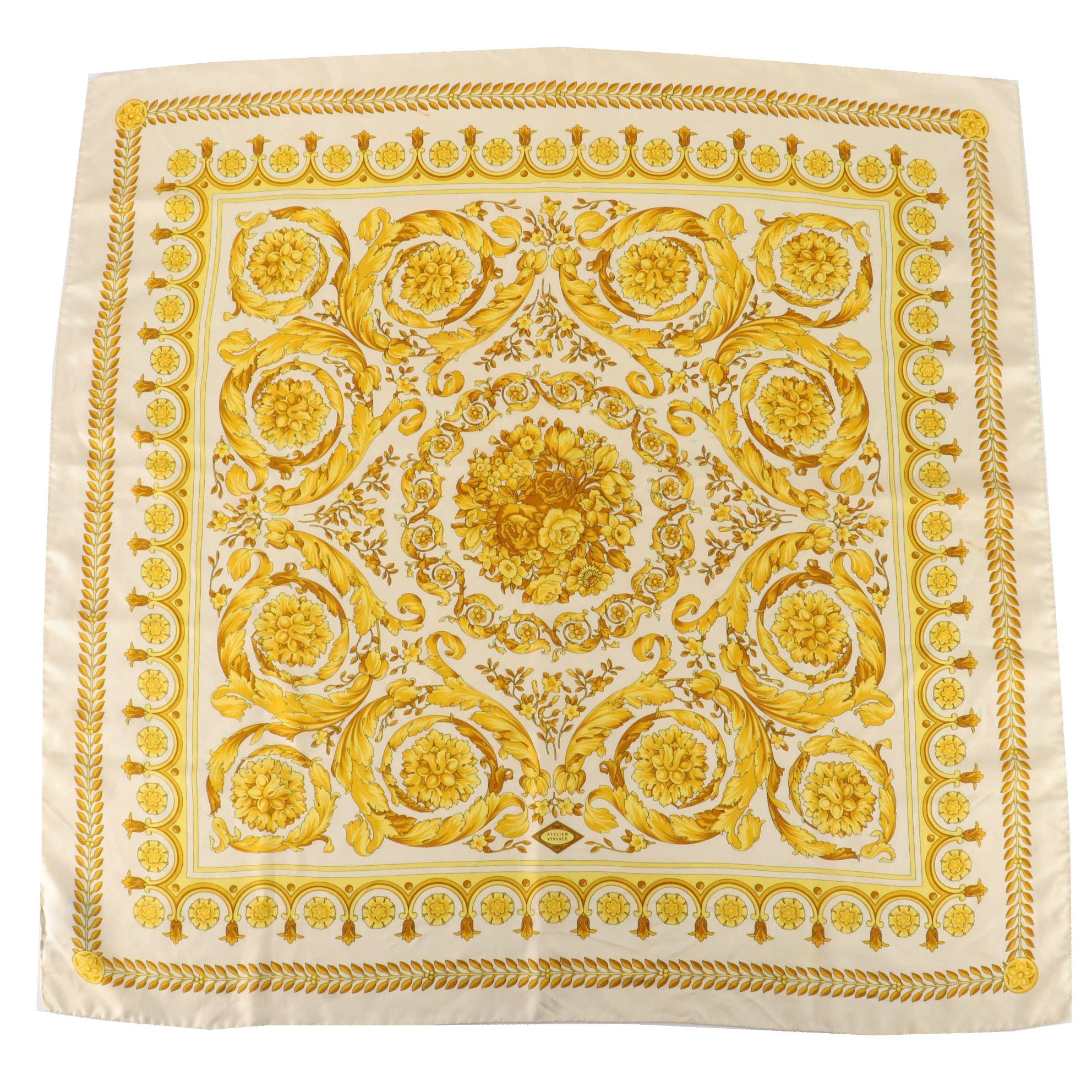 Versace White and Gold Barocco Print Scarf 90 in Silk Twill