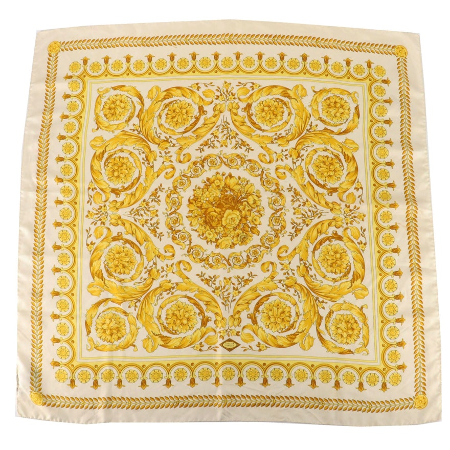 Versace White and Gold Barocco Print Scarf 90 in Silk Twill