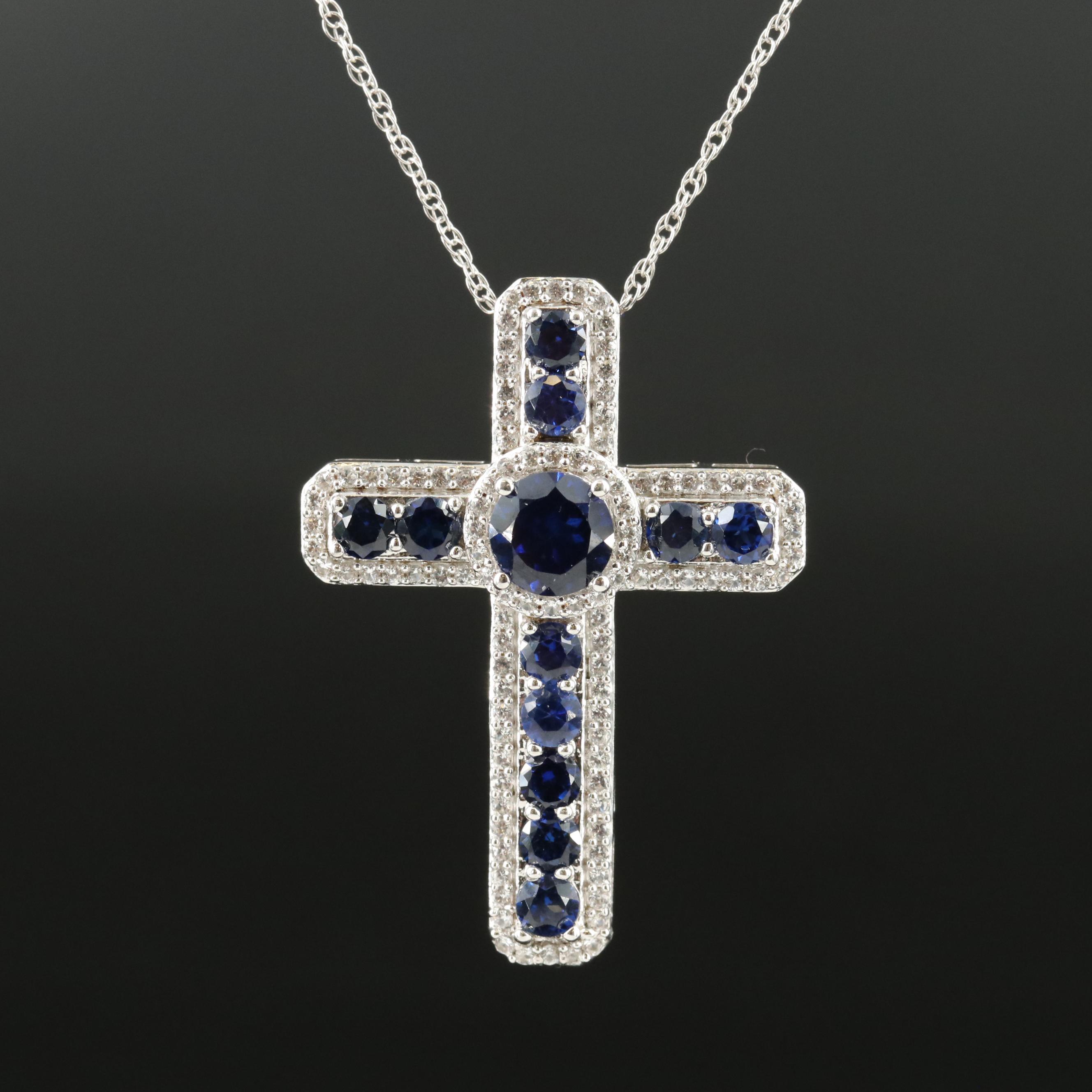 Sterling Sapphire and Topaz Cross Pendant Necklace