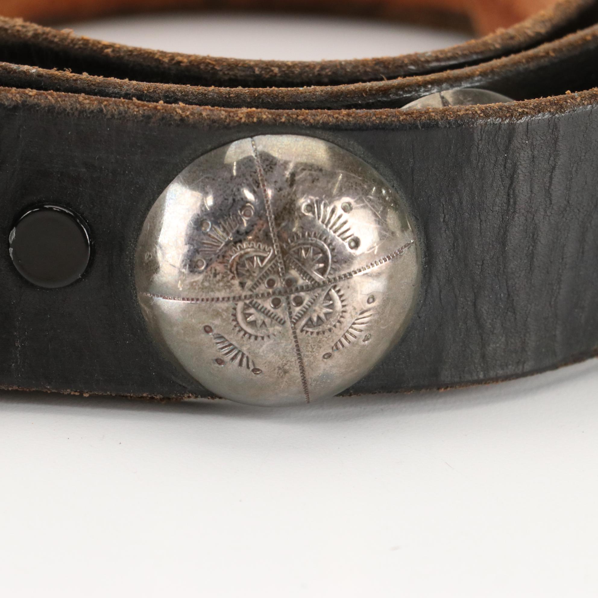 DJ Sterling Silver and Black Leather Southwestern Concho Belt