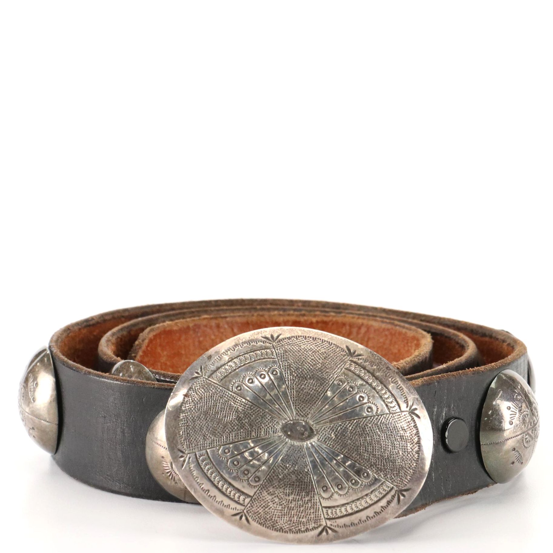 DJ Sterling Silver and Black Leather Southwestern Concho Belt