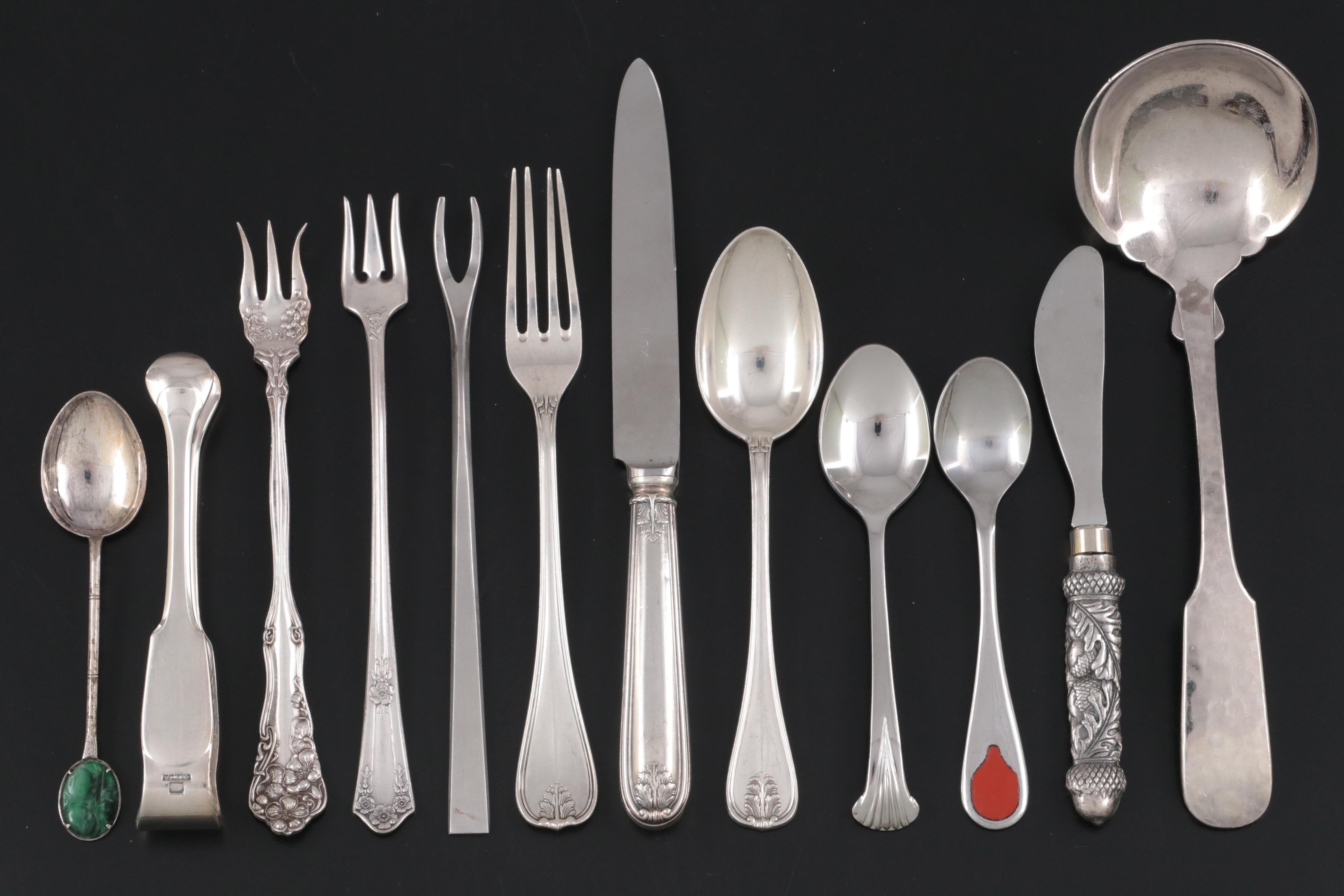 Christofle Silver Plate Tongs with Sterling and Silver Plate Utensils