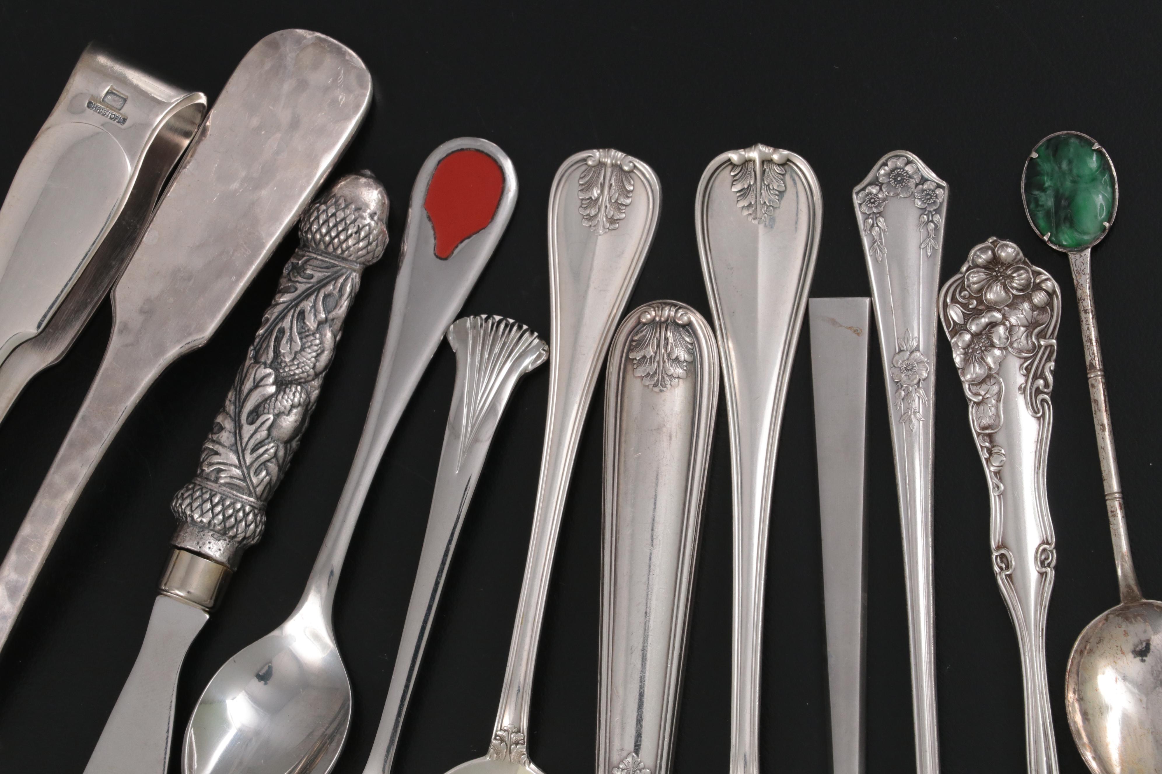 Christofle Silver Plate Tongs with Sterling and Silver Plate Utensils