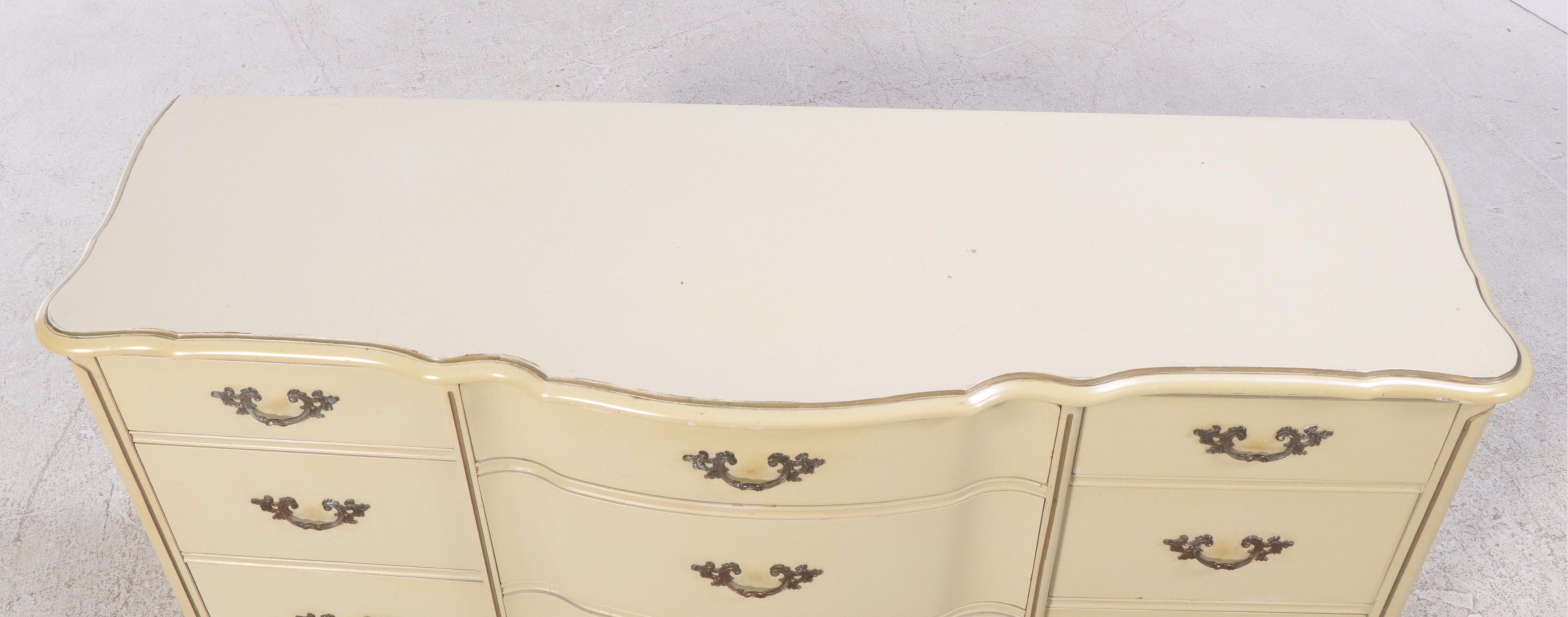 French Provincial Style Painted, Parcel-Gilt, and Laminate Top Nine-Drawer Chest