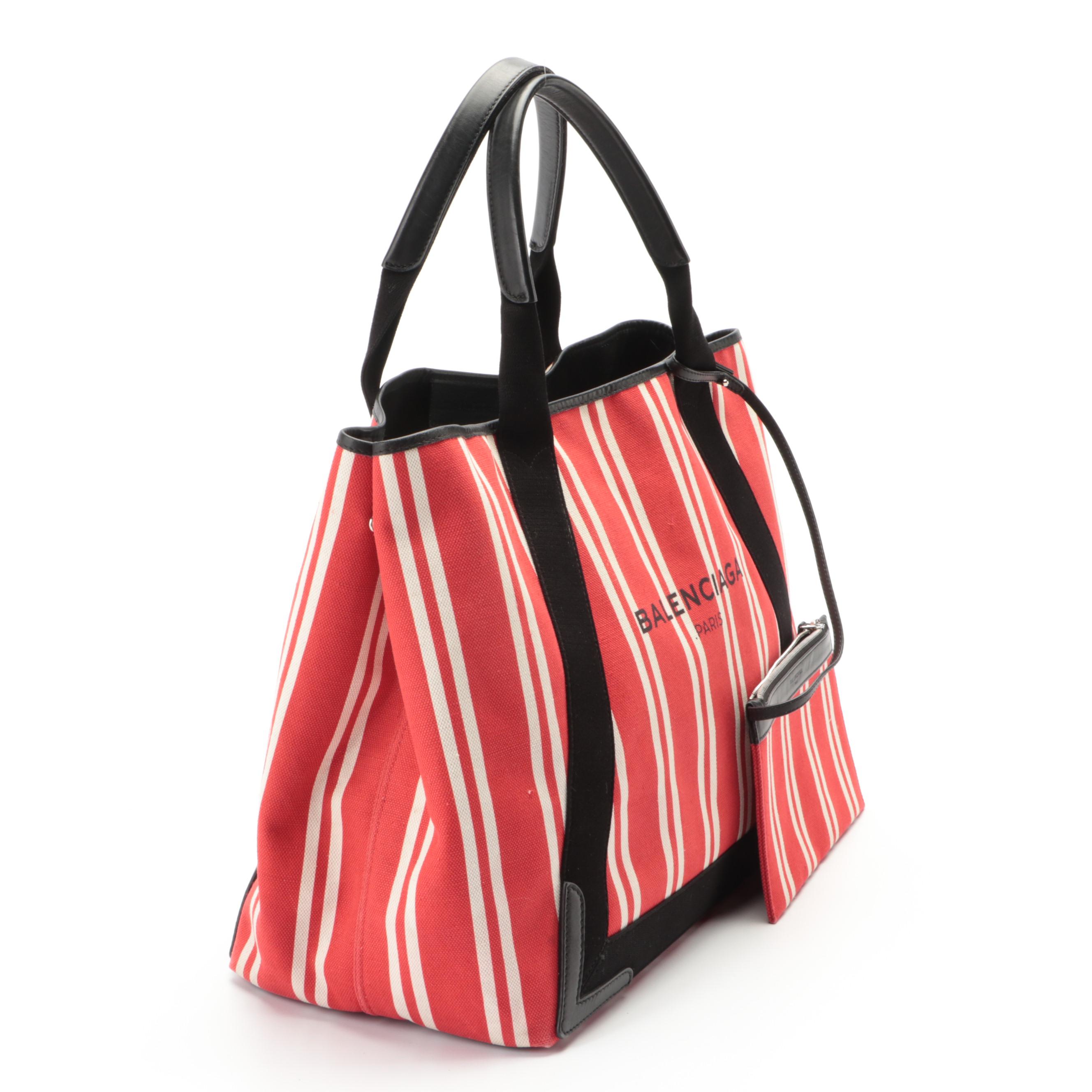Balenciaga Medium Cabas Tote and Pouch in Striped Canvas with Leather Trim