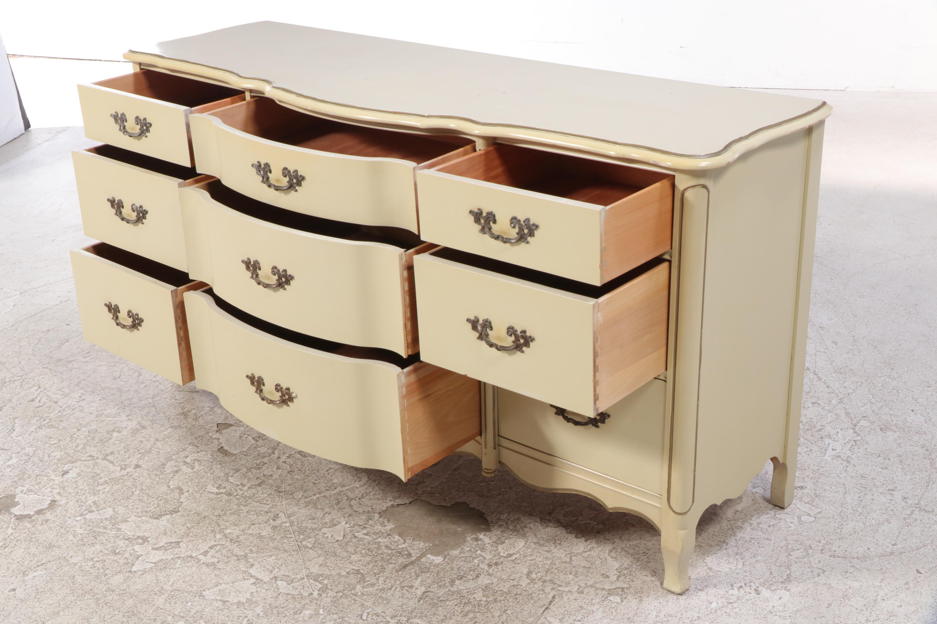 French Provincial Style Painted, Parcel-Gilt, and Laminate Top Nine-Drawer Chest