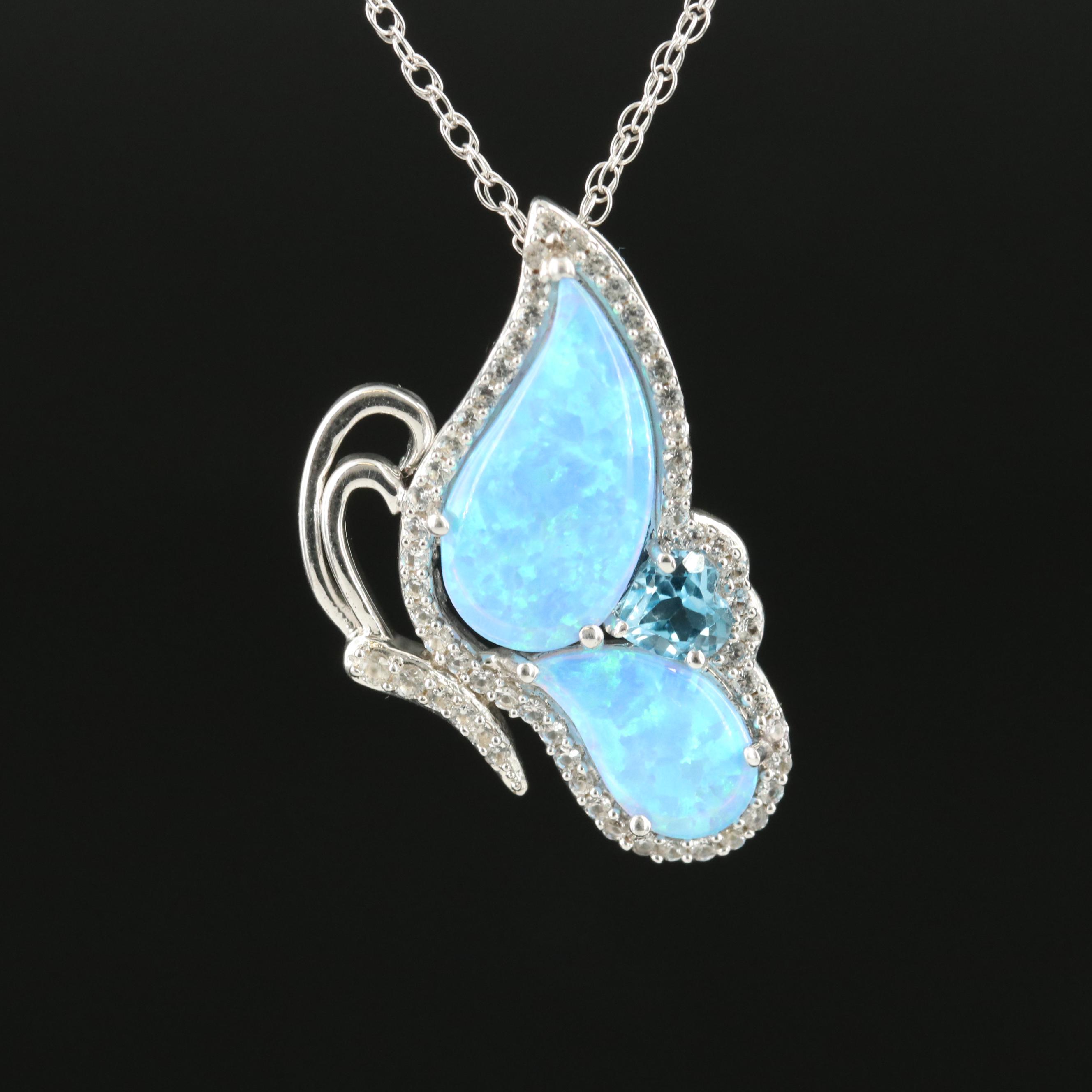 Sterling Opal and Topaz Butterfly Pendant Necklace