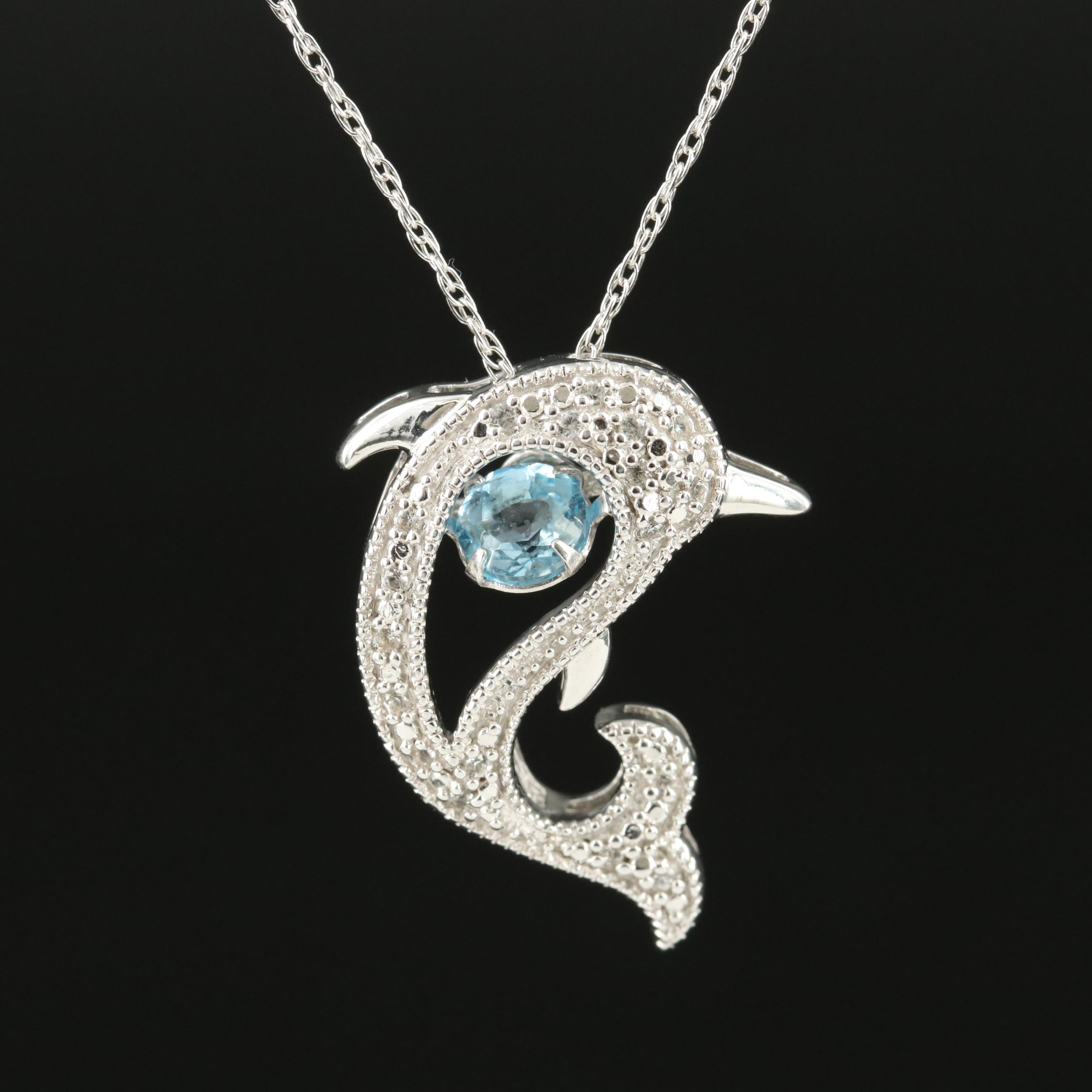 Sterling Sky Blue Topaz Dolphin Trembler Pendant Necklace