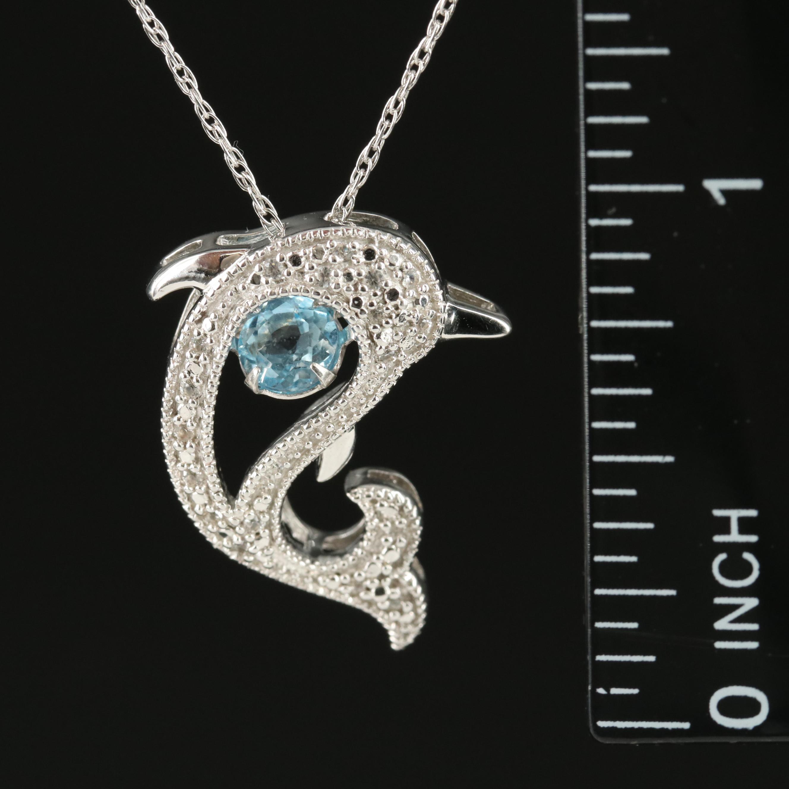 Sterling Sky Blue Topaz Dolphin Trembler Pendant Necklace
