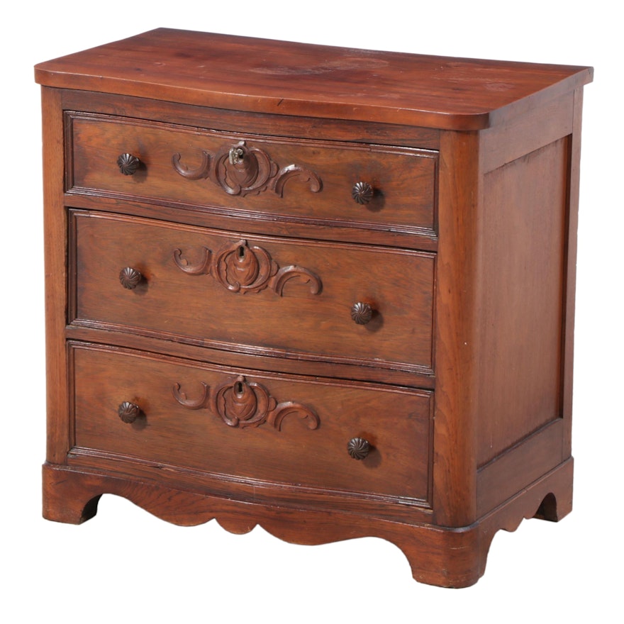 American Rococo Revival Walnut Three-Drawer Serpentine Bedside Chest